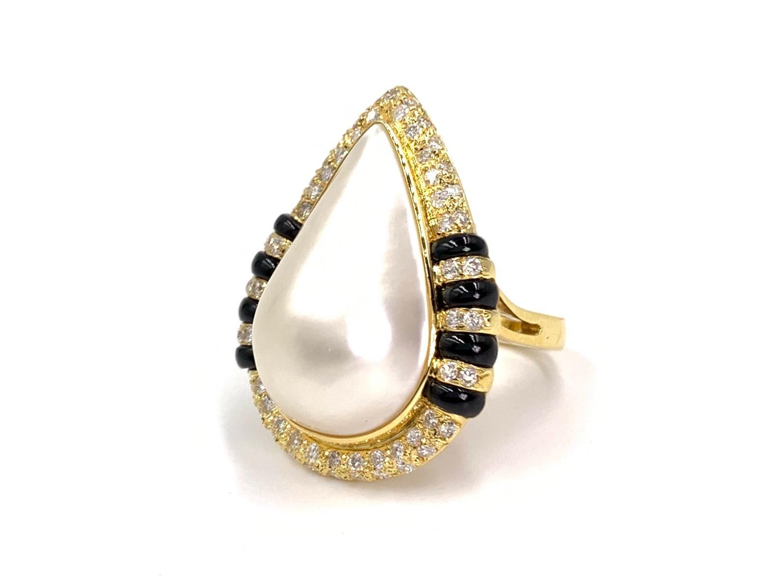 Women's 18 Karat Pearl, Diamond and Black Jade Cocktail Ring For Sale