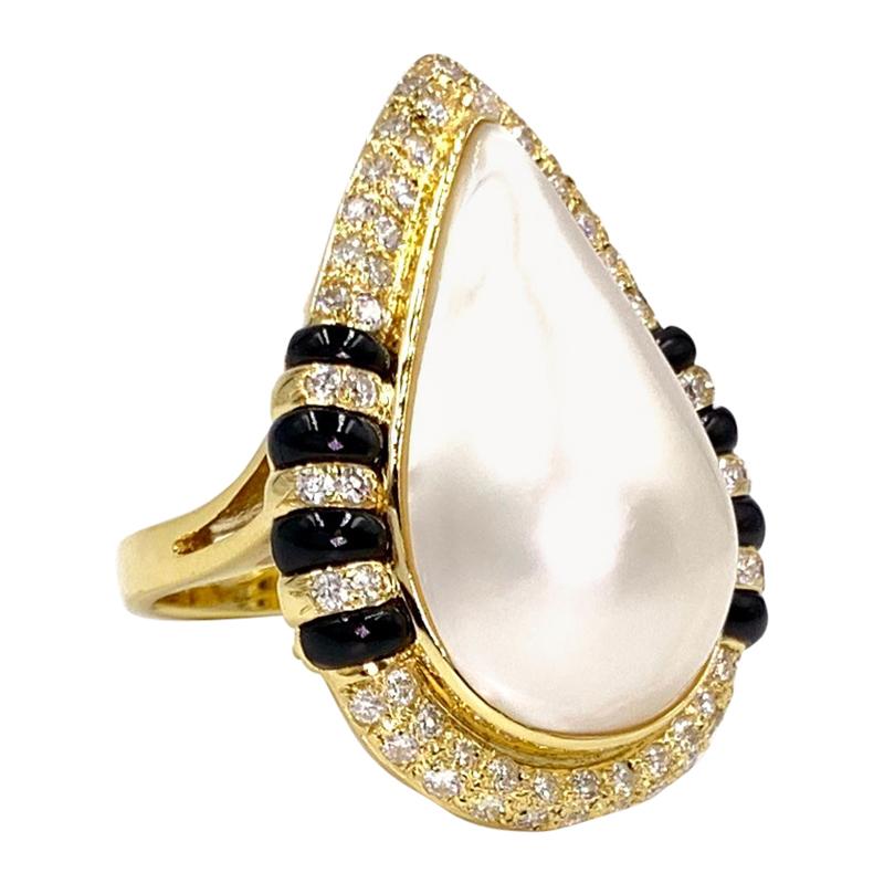 18 Karat Pearl, Diamond and Black Jade Cocktail Ring For Sale