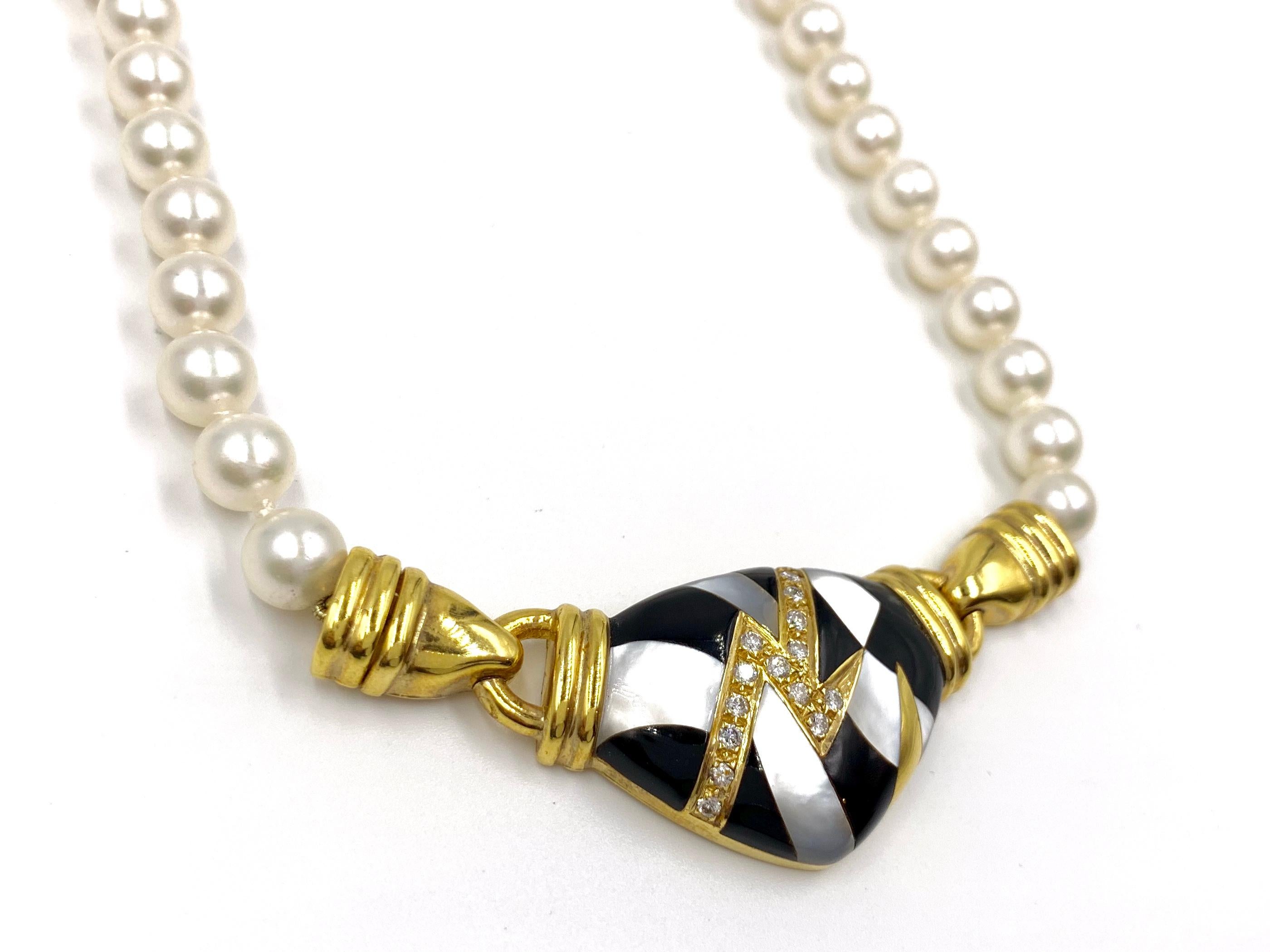 Modern 18 Karat Pearl Necklace with Diamond and Inlaid Stone Center For Sale