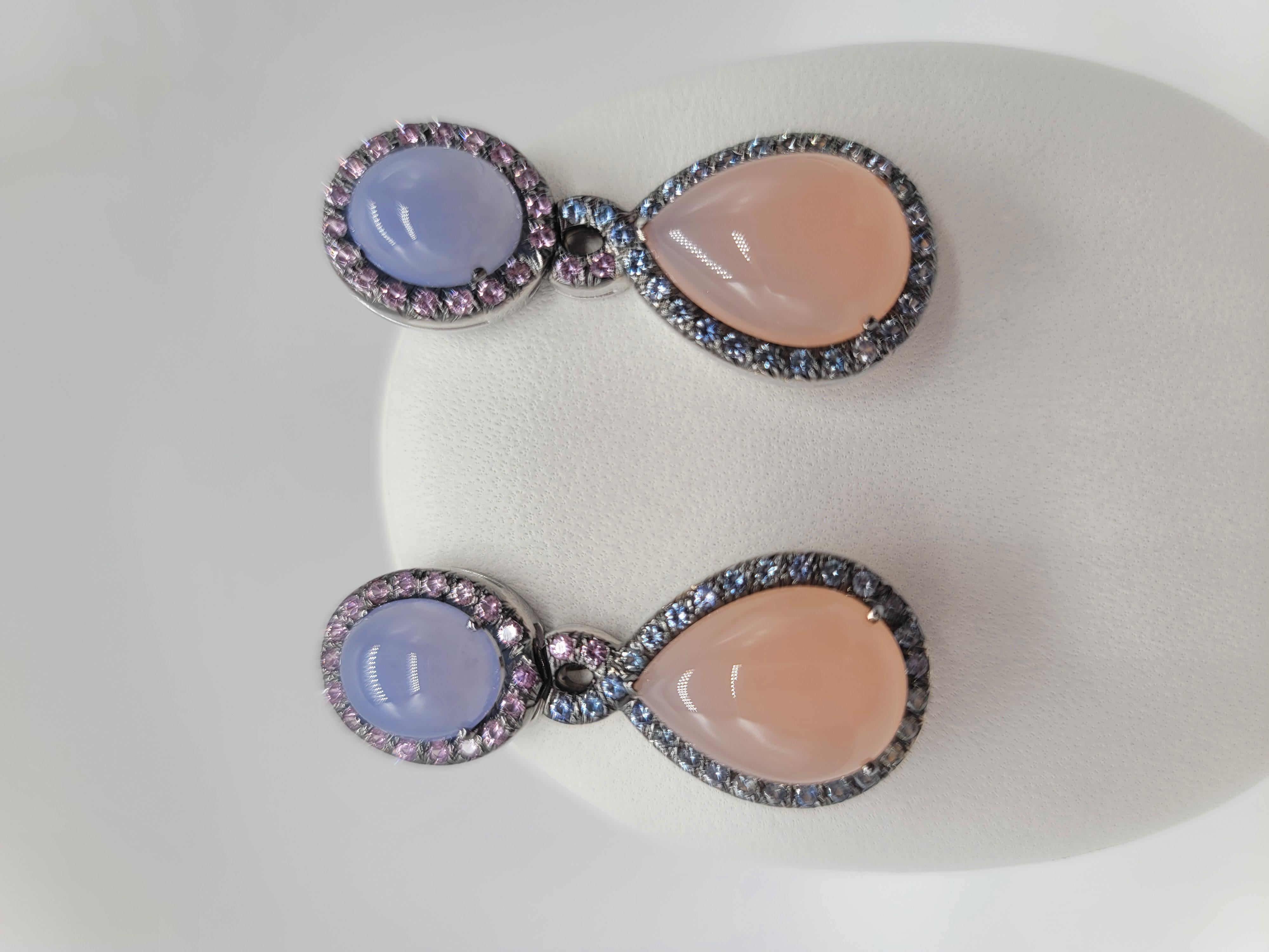 Women's 18 Karat Pink and Blue Chalcedony and Pink and Blue Sapphire Earrings For Sale