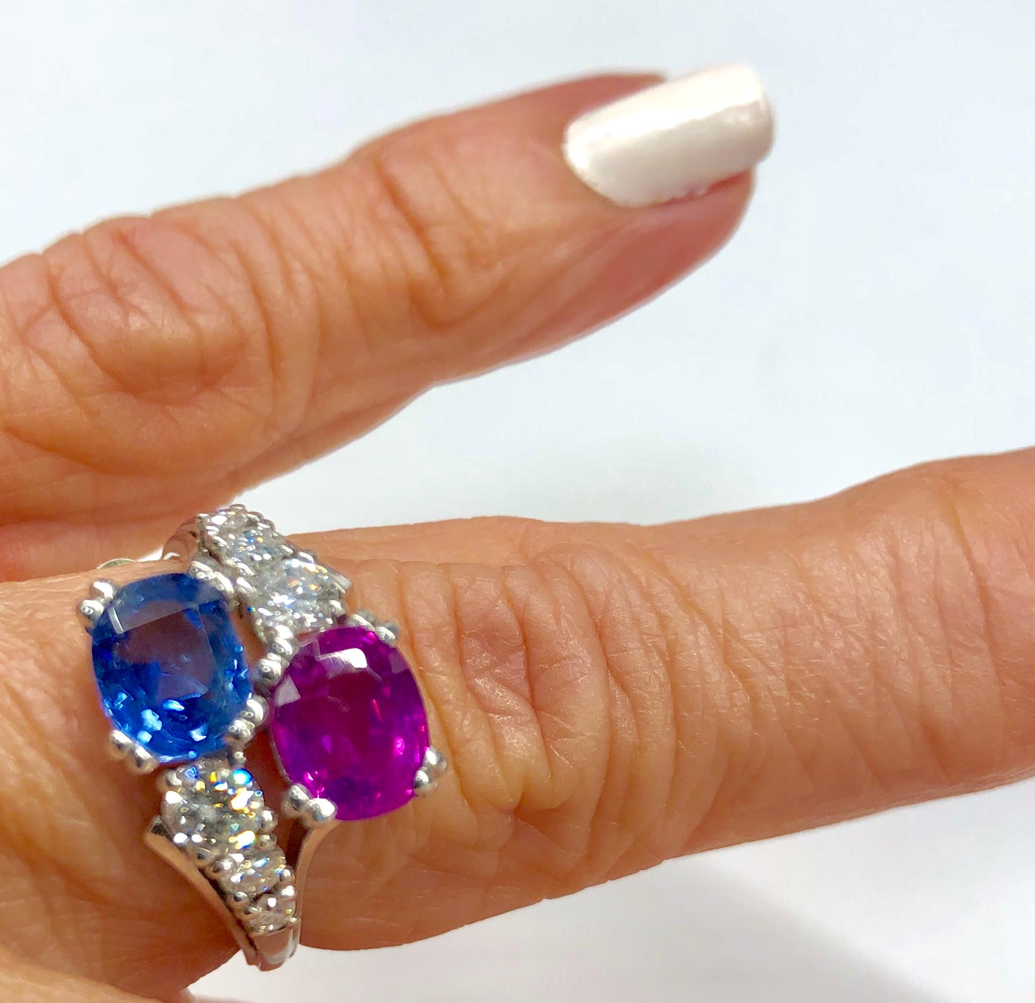 Pink and Blue Sapphire and Diamond Bypass Ring in 18K White Gold In Good Condition For Sale In Houston, TX