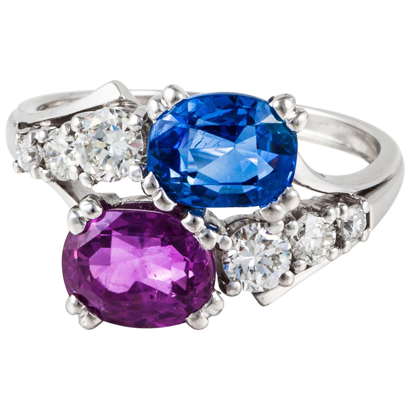 Pink and Blue Sapphire and Diamond Bypass Ring in 18K White Gold For Sale