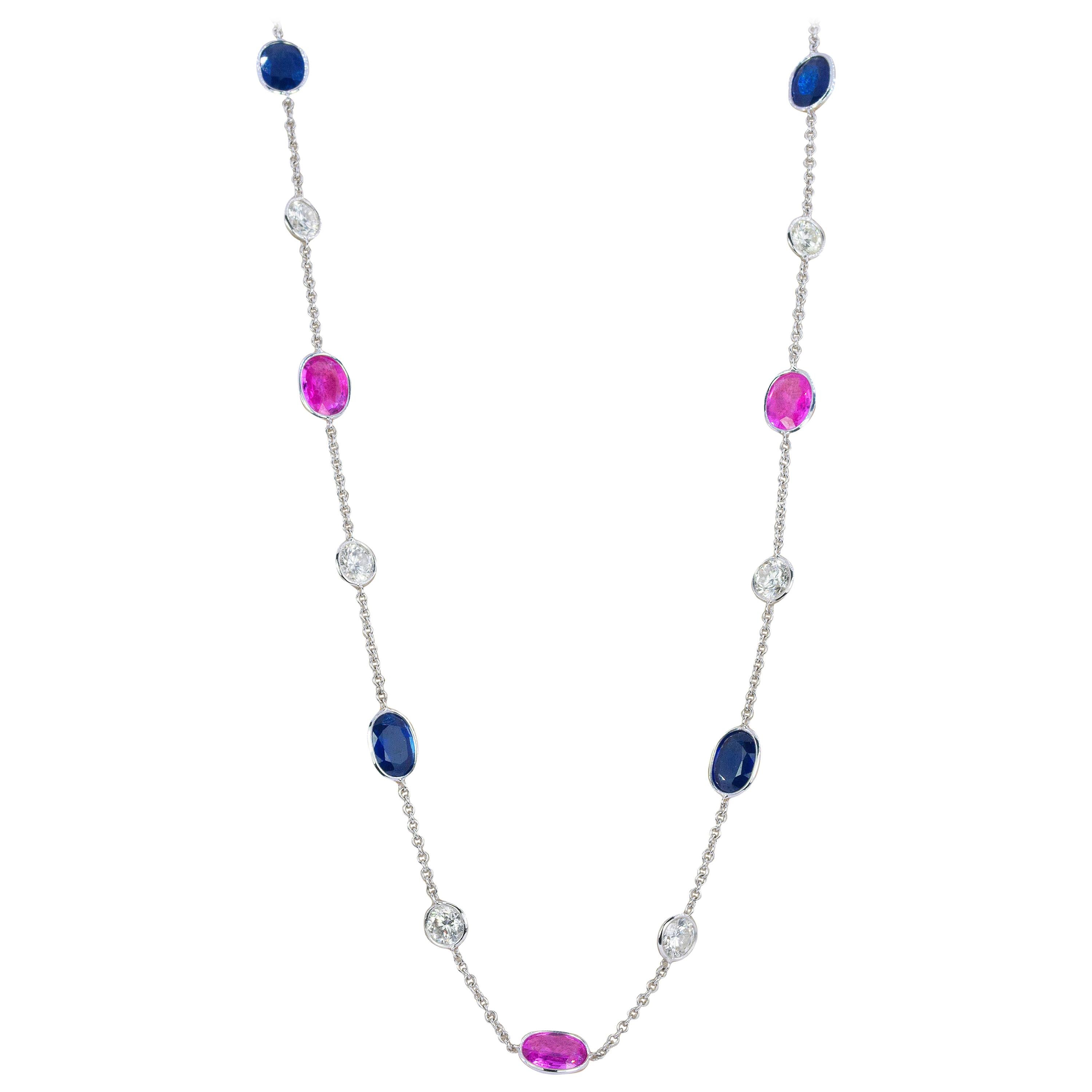 18 Karat Pink and Blue Sapphire Necklace For Sale