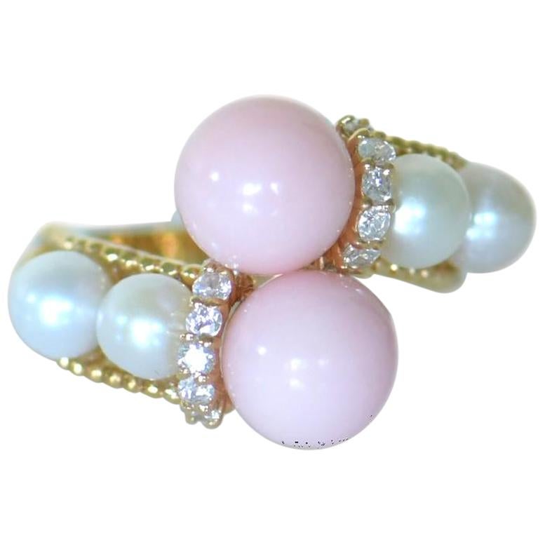18 Karat Pink Coral Diamond Cultured Pearl Ring For Sale