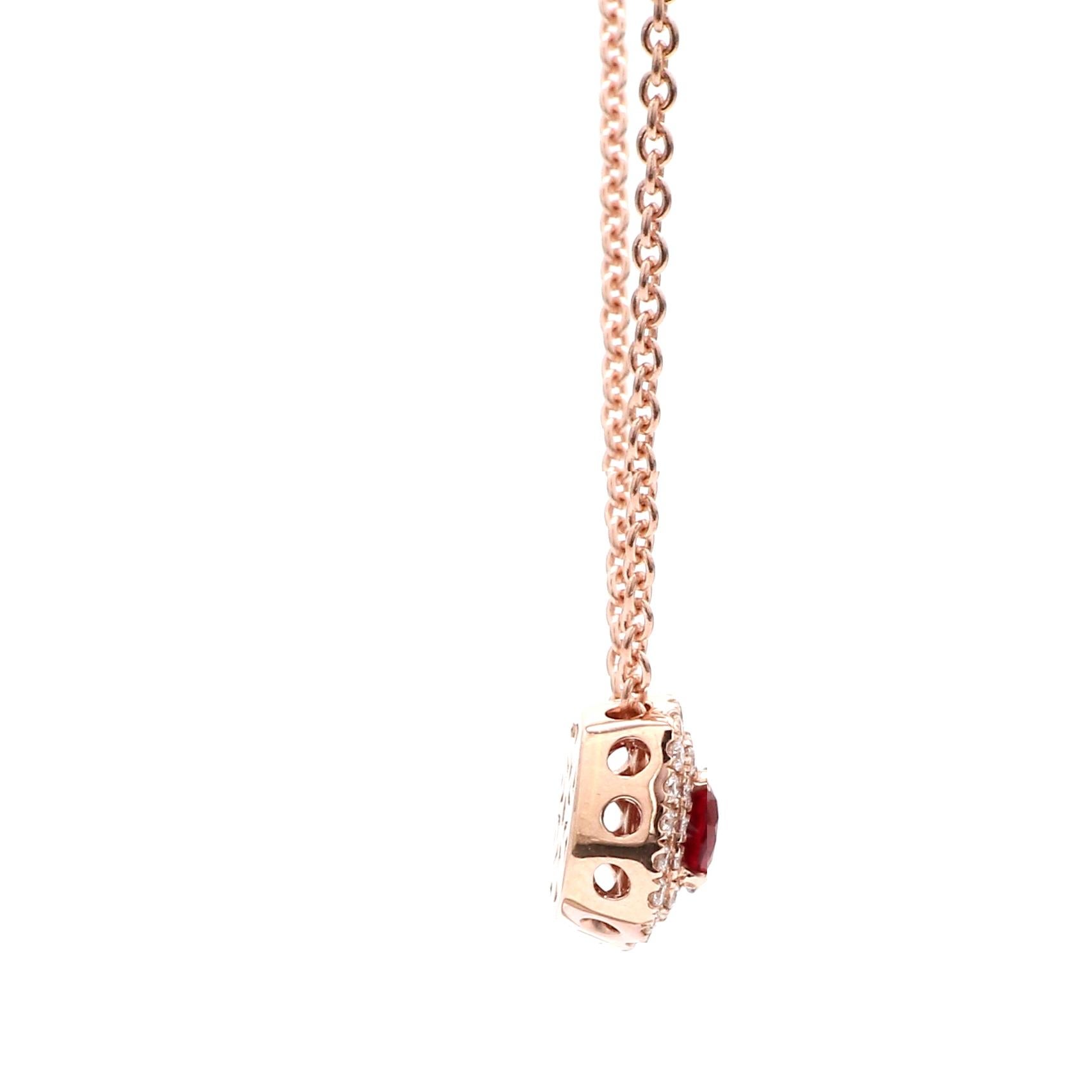 Round Cut 18 Karat Pink Gold 1/2 Carat Ruby Halo Diamond Necklace For Sale
