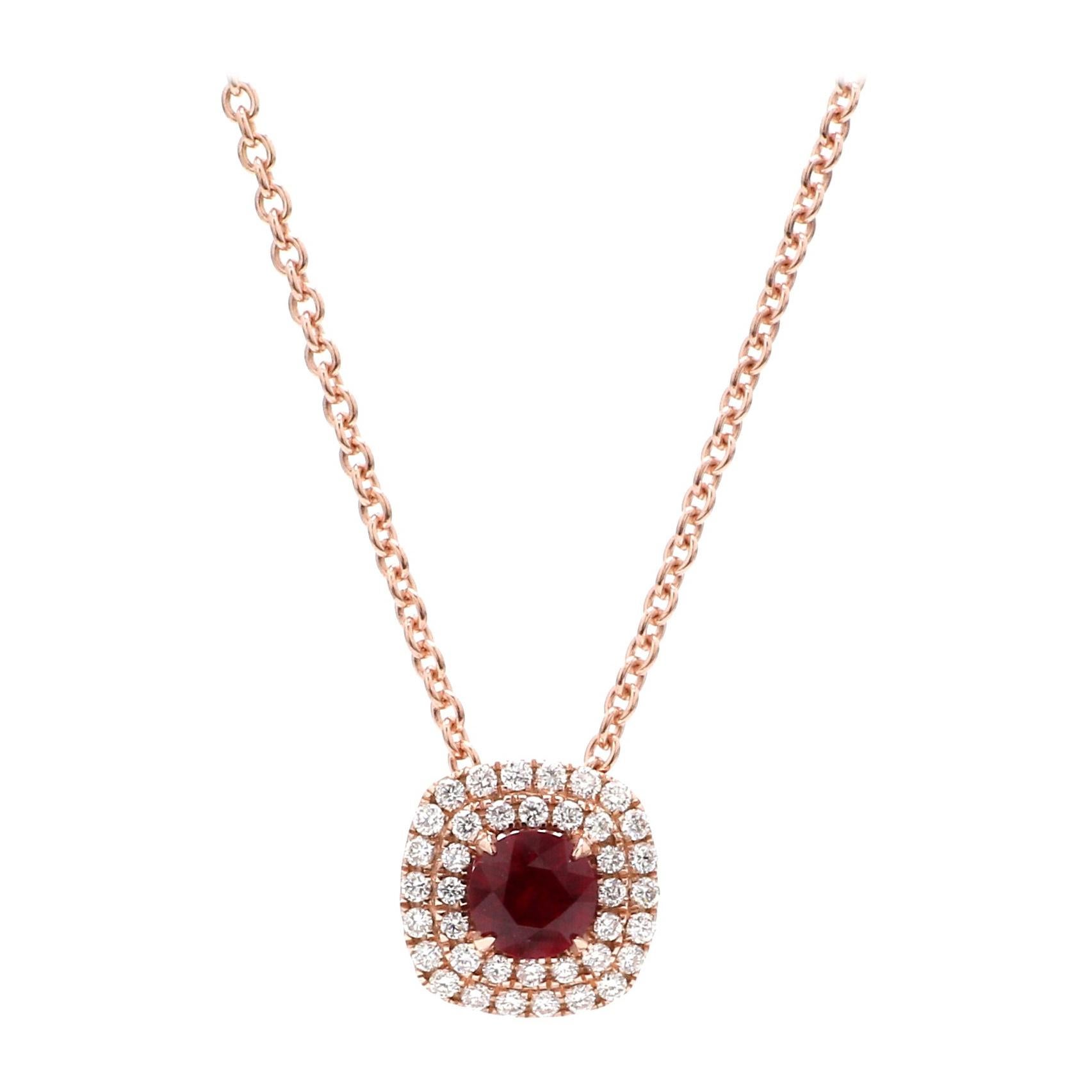 18 Karat Pink Gold 1/2 Carat Ruby Halo Diamond Necklace For Sale