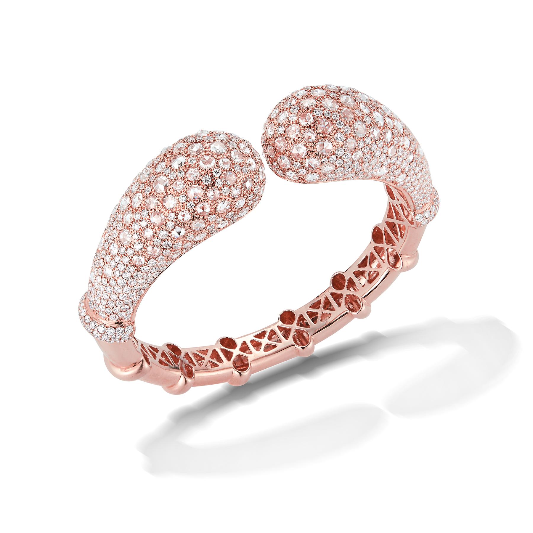 Beautiful 18K Pink Gold Bangle Bracelet in a wraparound Cuff-Style containing F-VS White Round Diamonds totaling 19.30 Carats.