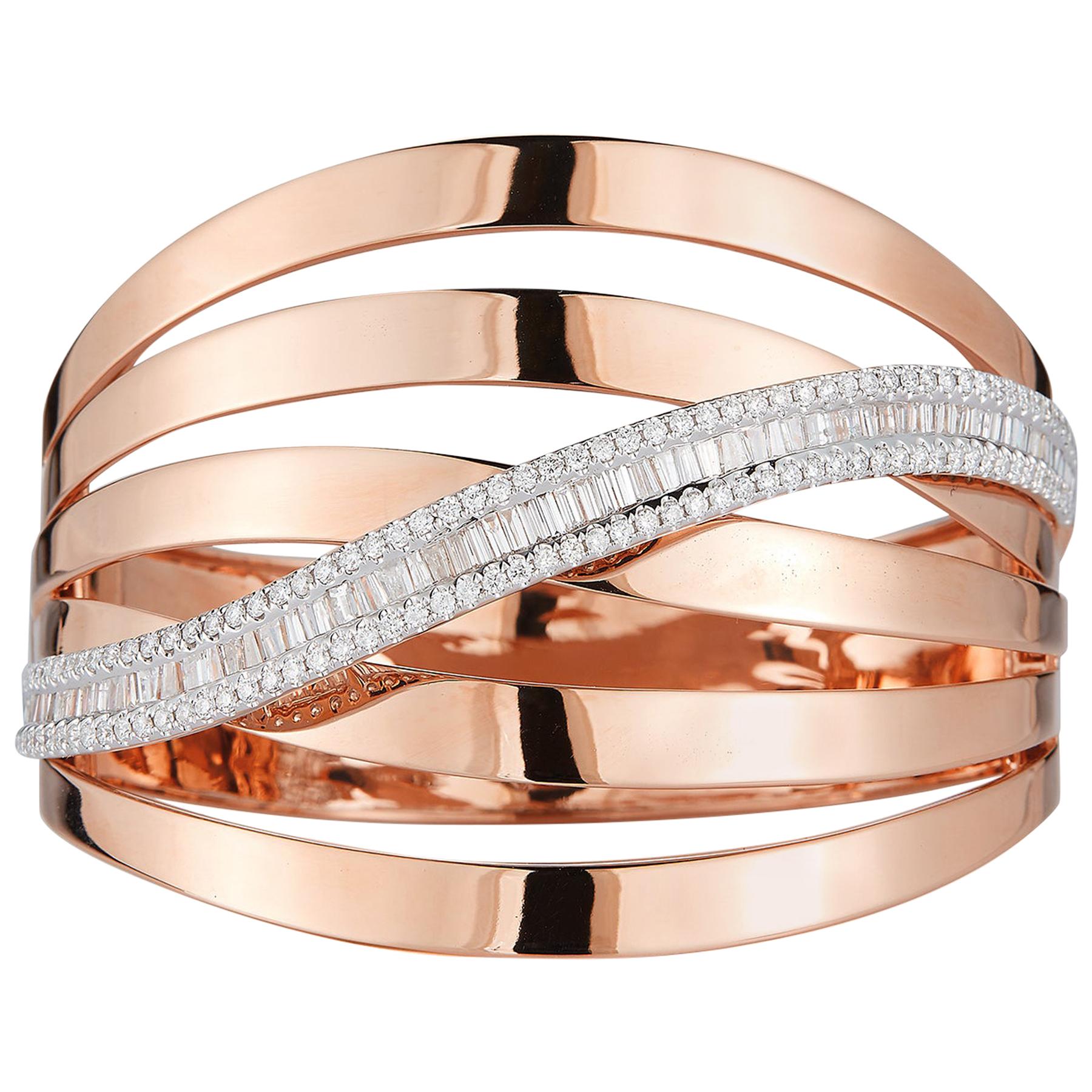 18 Karat Pink Gold and Diamond Bangle-Cuff Bracelet For Sale