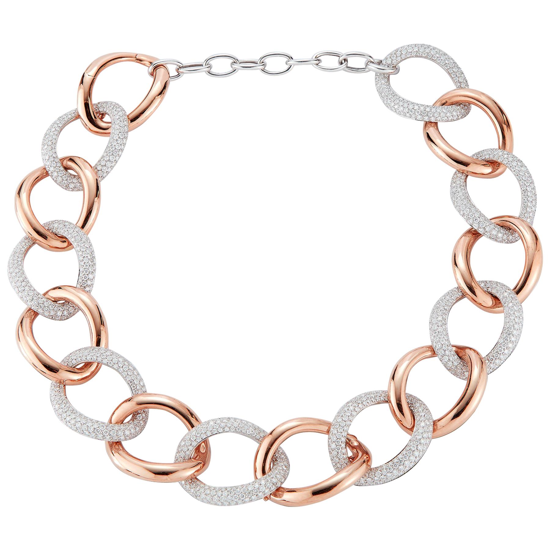 18 Karat Pink Gold and Diamond Interlocking Loop Necklace For Sale