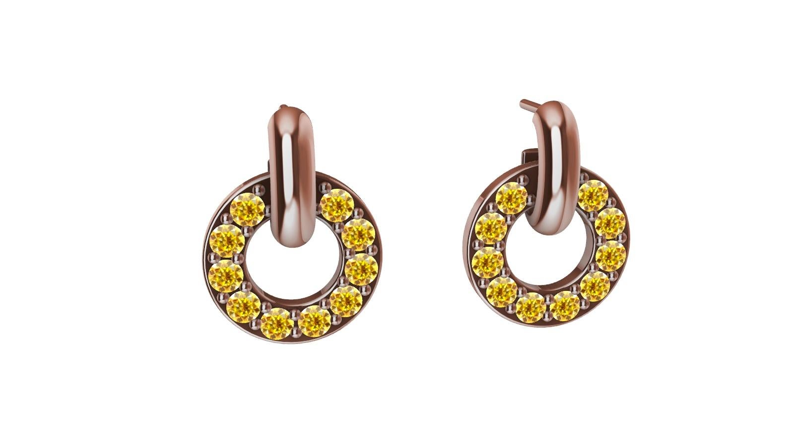 Round Cut 18 Karat Pink Gold and Natural Yellow Diamonds Petite Dangle Earrings For Sale