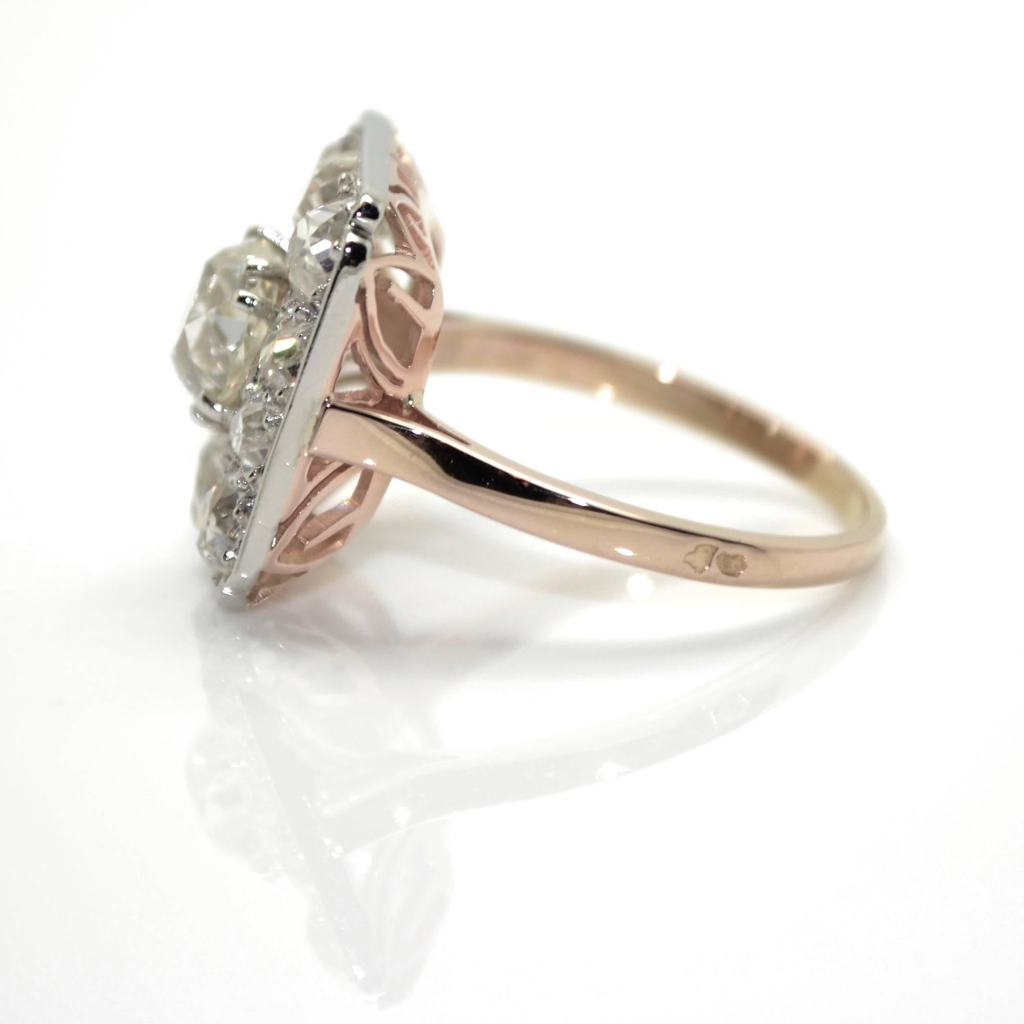 Belle Époque 18 Karat Pink Gold and Platinum 2.20 Carat Diamonds French Antique Cluster Ring