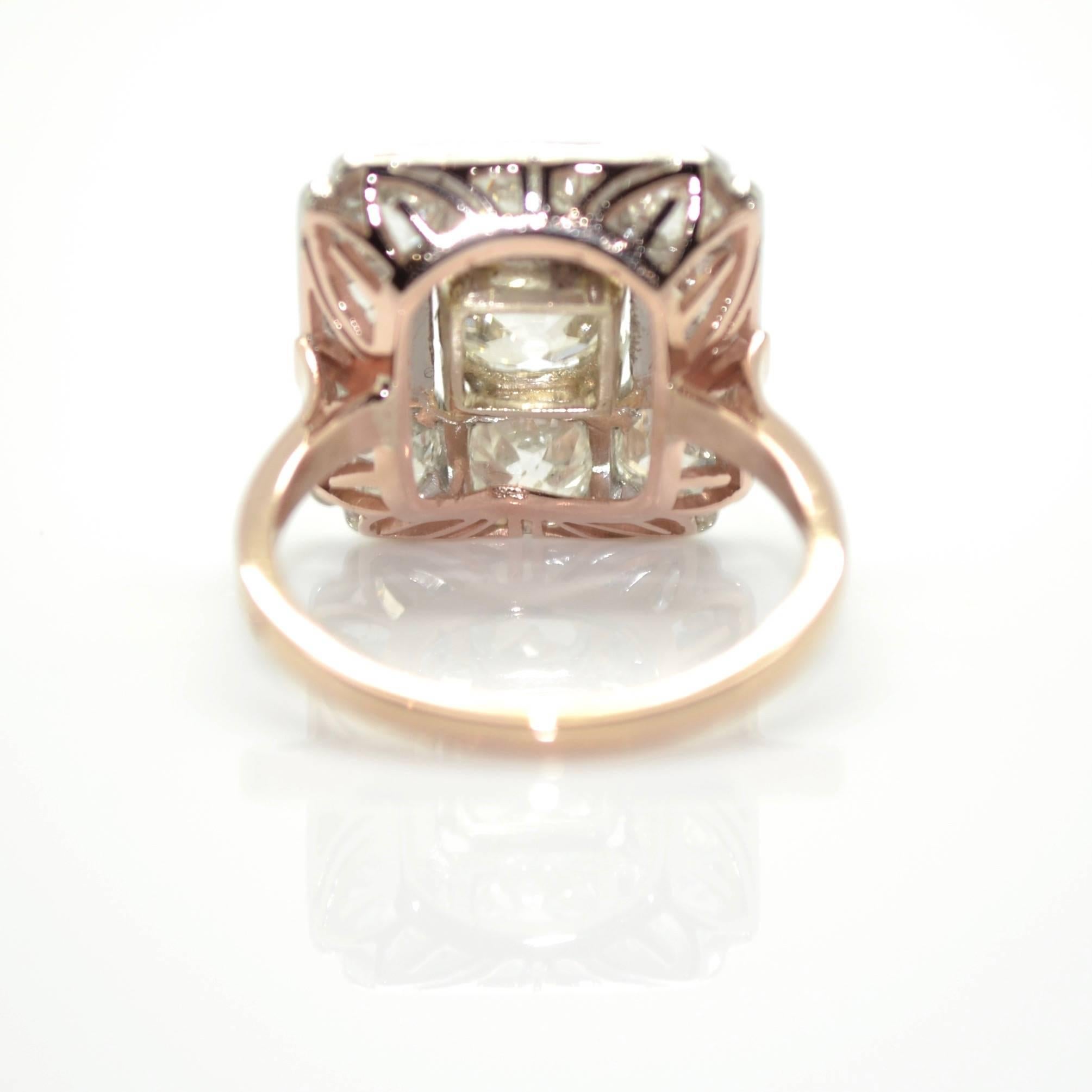 Old European Cut 18 Karat Pink Gold and Platinum 2.20 Carat Diamonds French Antique Cluster Ring
