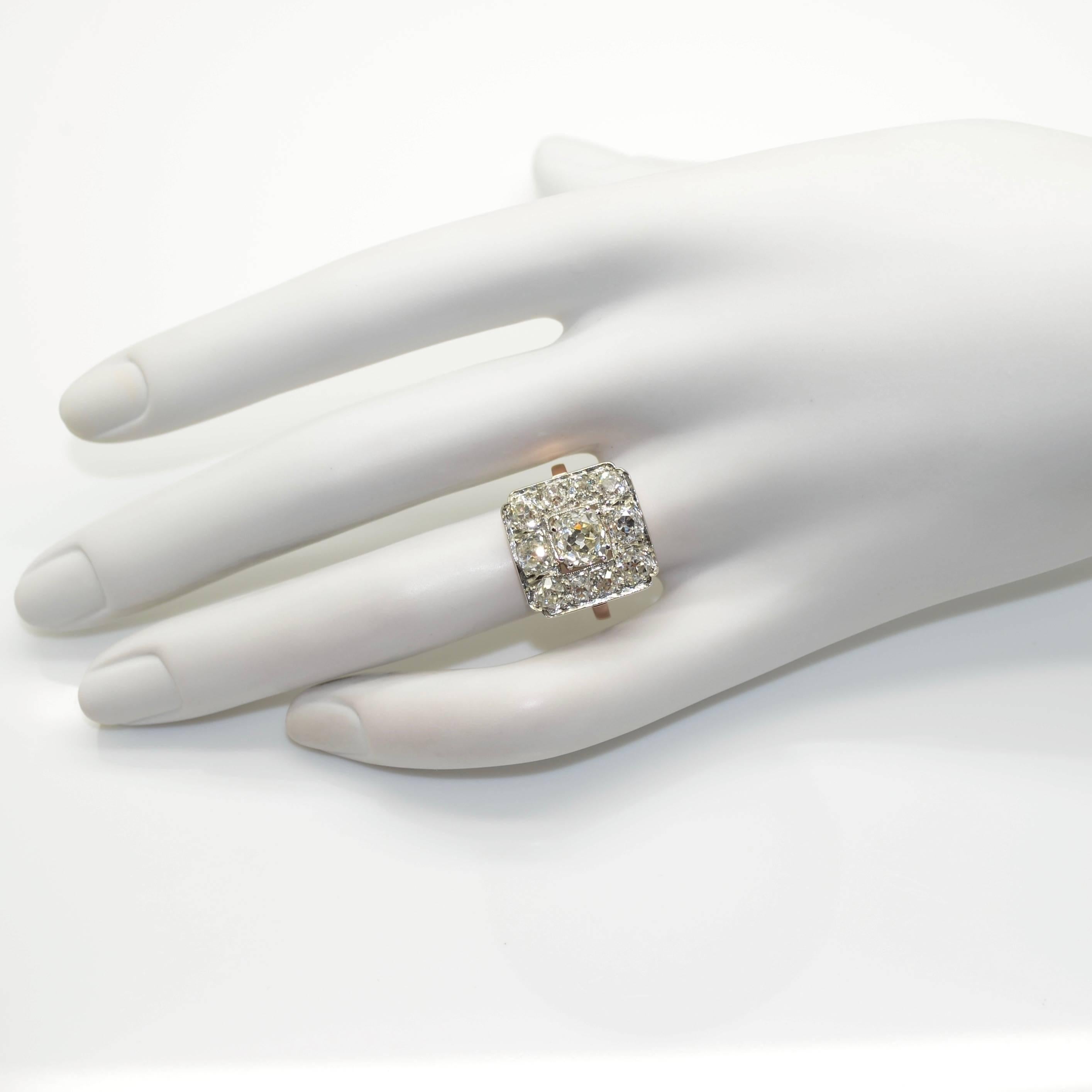 Women's 18 Karat Pink Gold and Platinum 2.20 Carat Diamonds French Antique Cluster Ring
