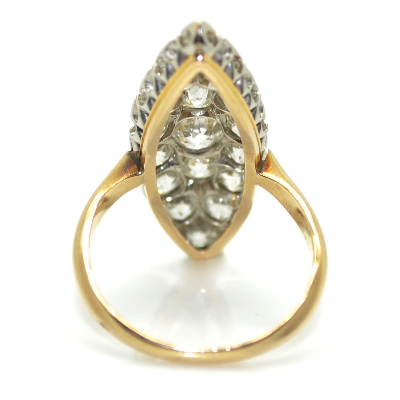 Old European Cut 18 Karat Pink Gold and Platinum 2.20 Carat Diamonds French Antique Marquise Ring For Sale