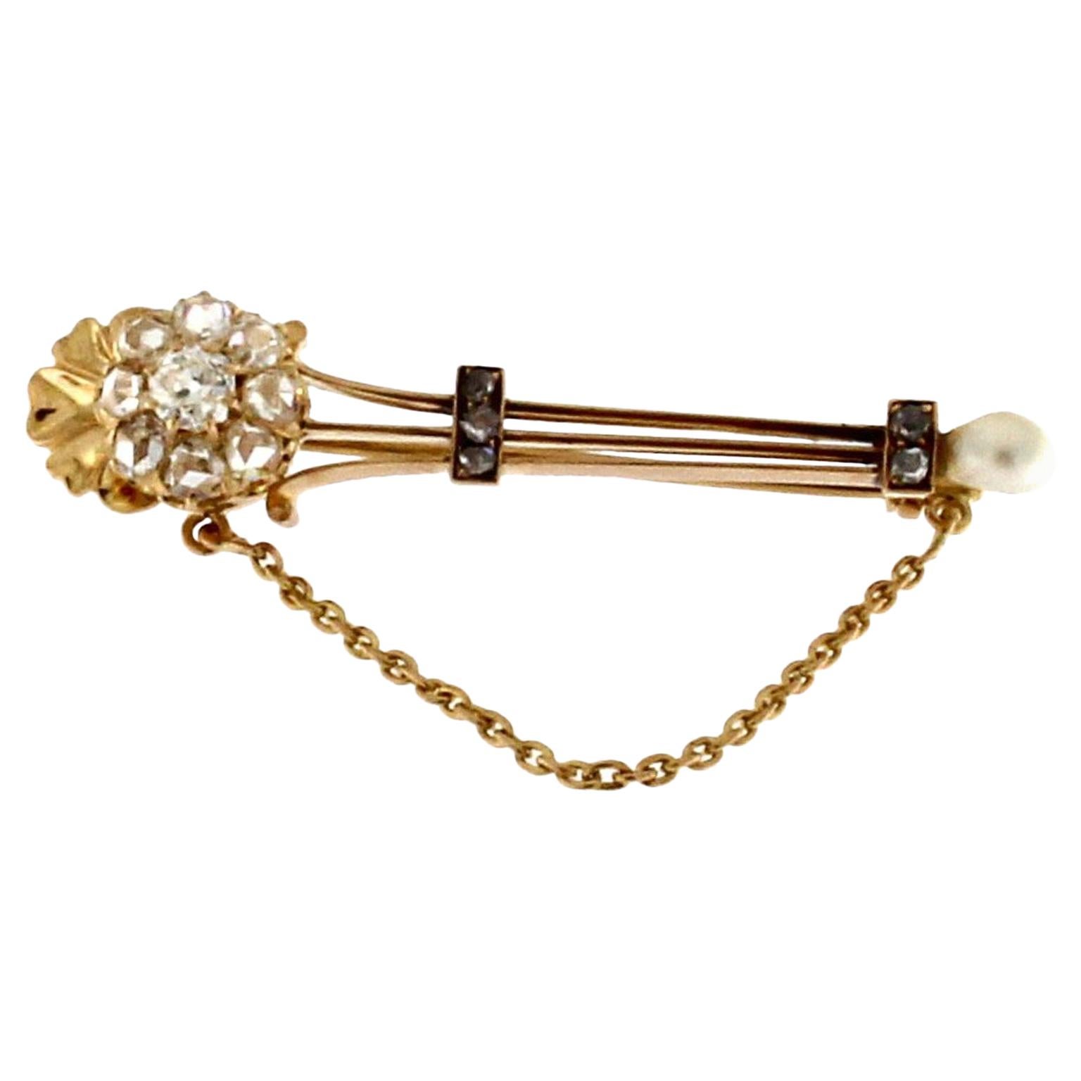 18 Karat Pink Gold Antique-Style Diamond Flower Brooch