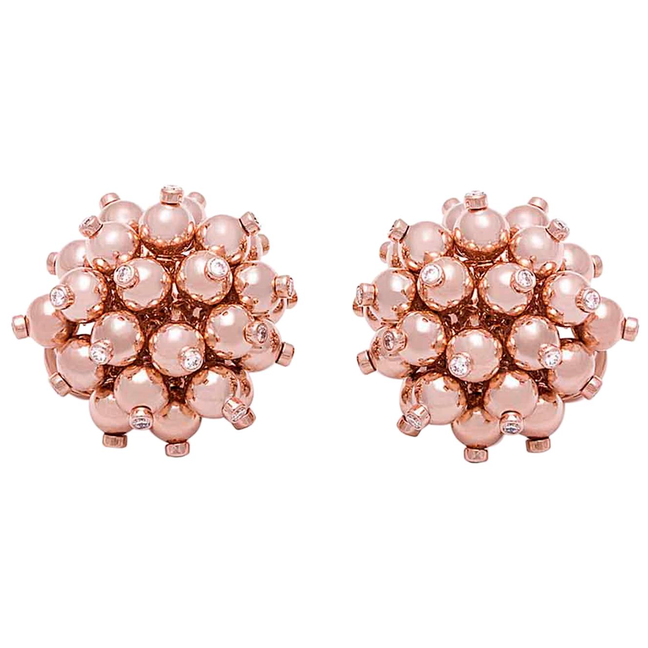 18 Karat Pink Gold Bead and Diamond Ear Clips For Sale