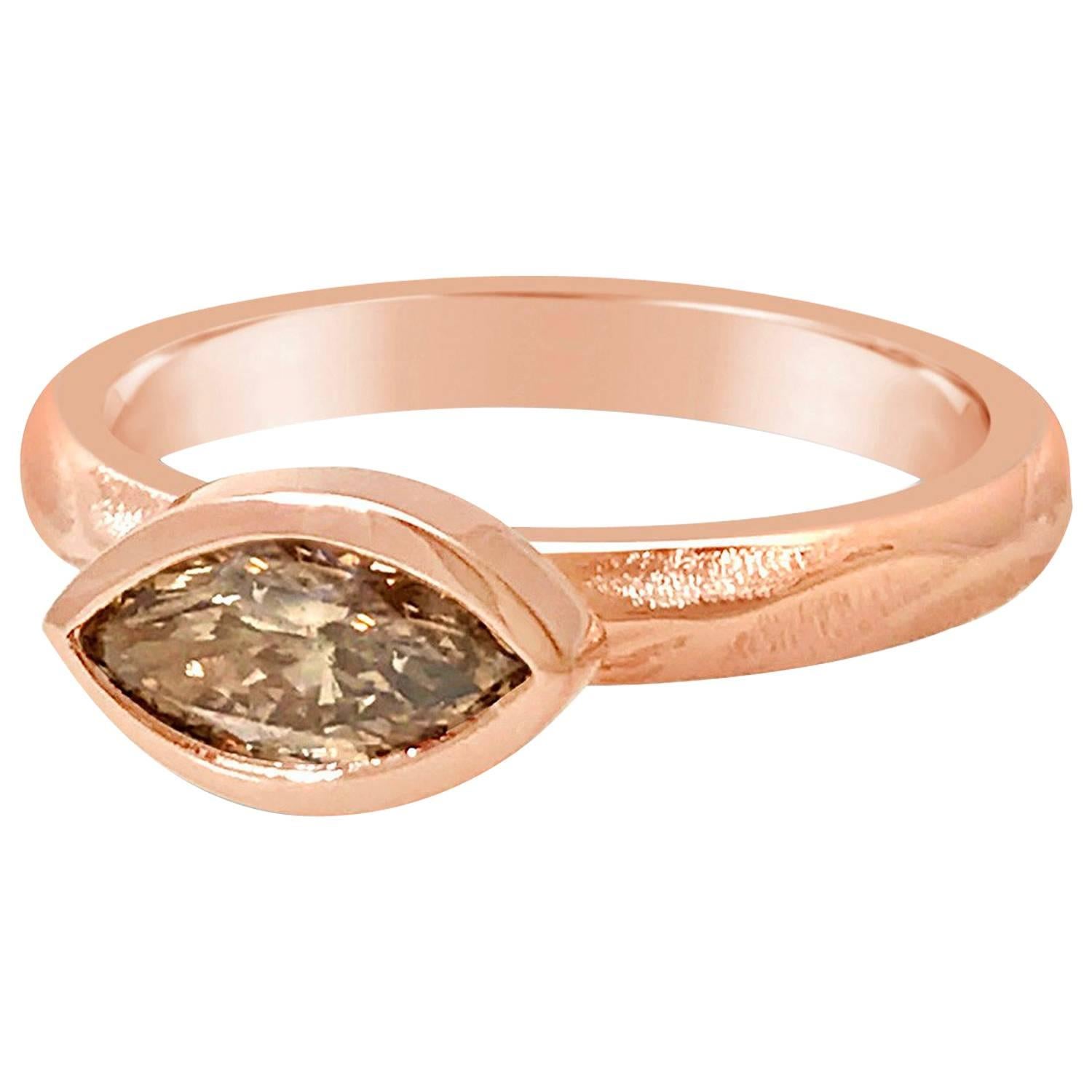 18 Karat Pink Gold Bridal Ring with 0.51 Carat Marquise Shaped Brown Diamond For Sale