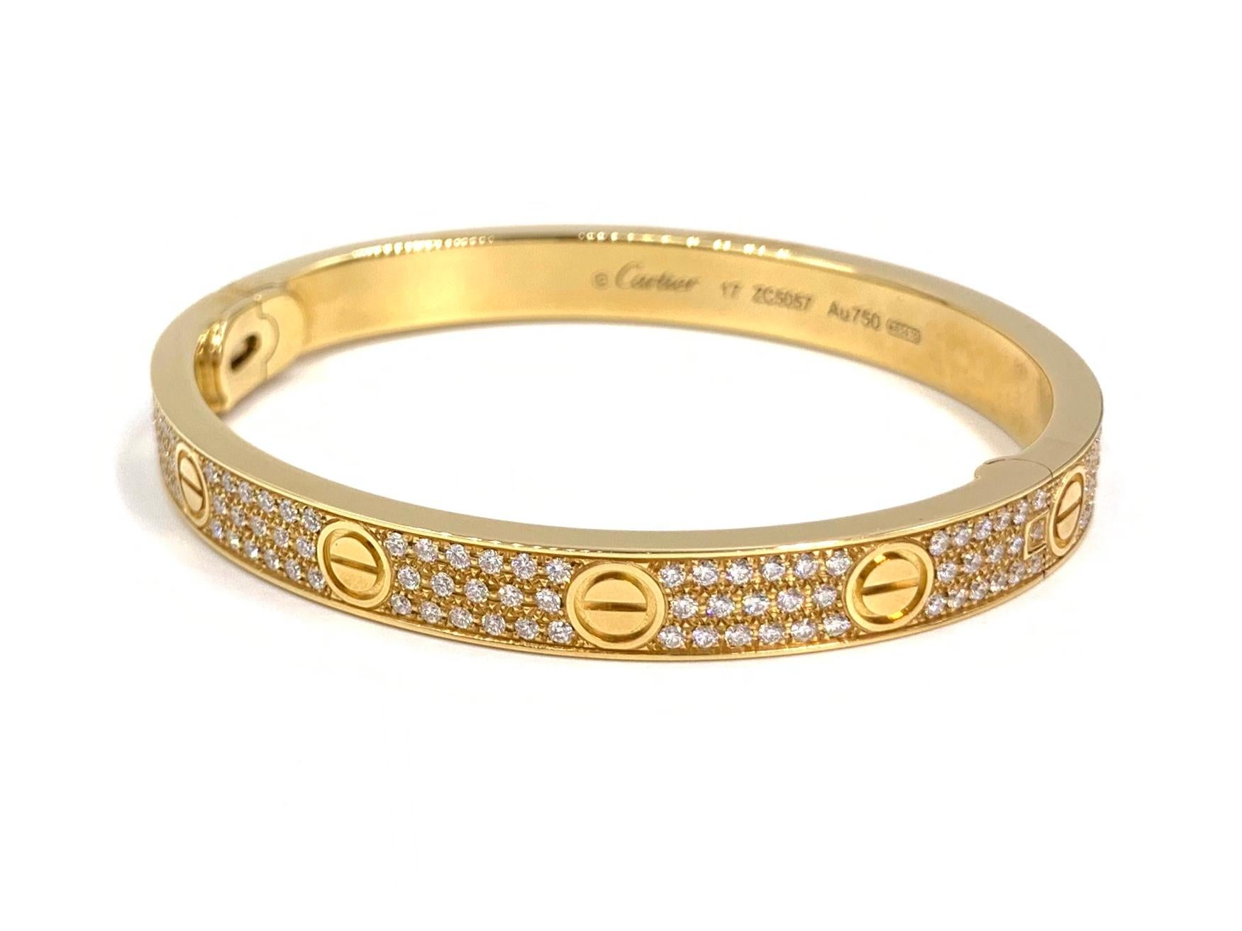 Contemporary 18 Karat Yellow Gold Cartier Love Bracelet with Pave Diamonds