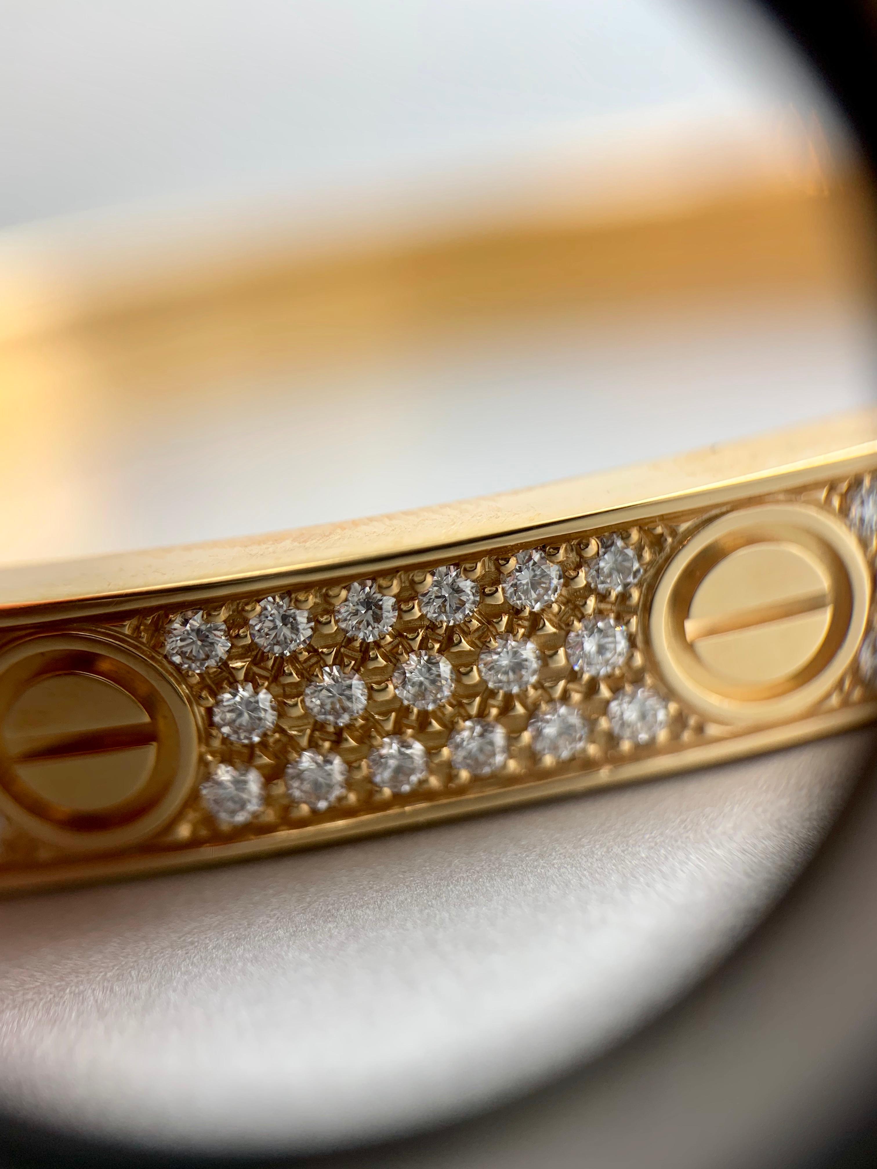 18 Karat Yellow Gold Cartier Love Bracelet with Pave Diamonds In Good Condition In Pikesville, MD