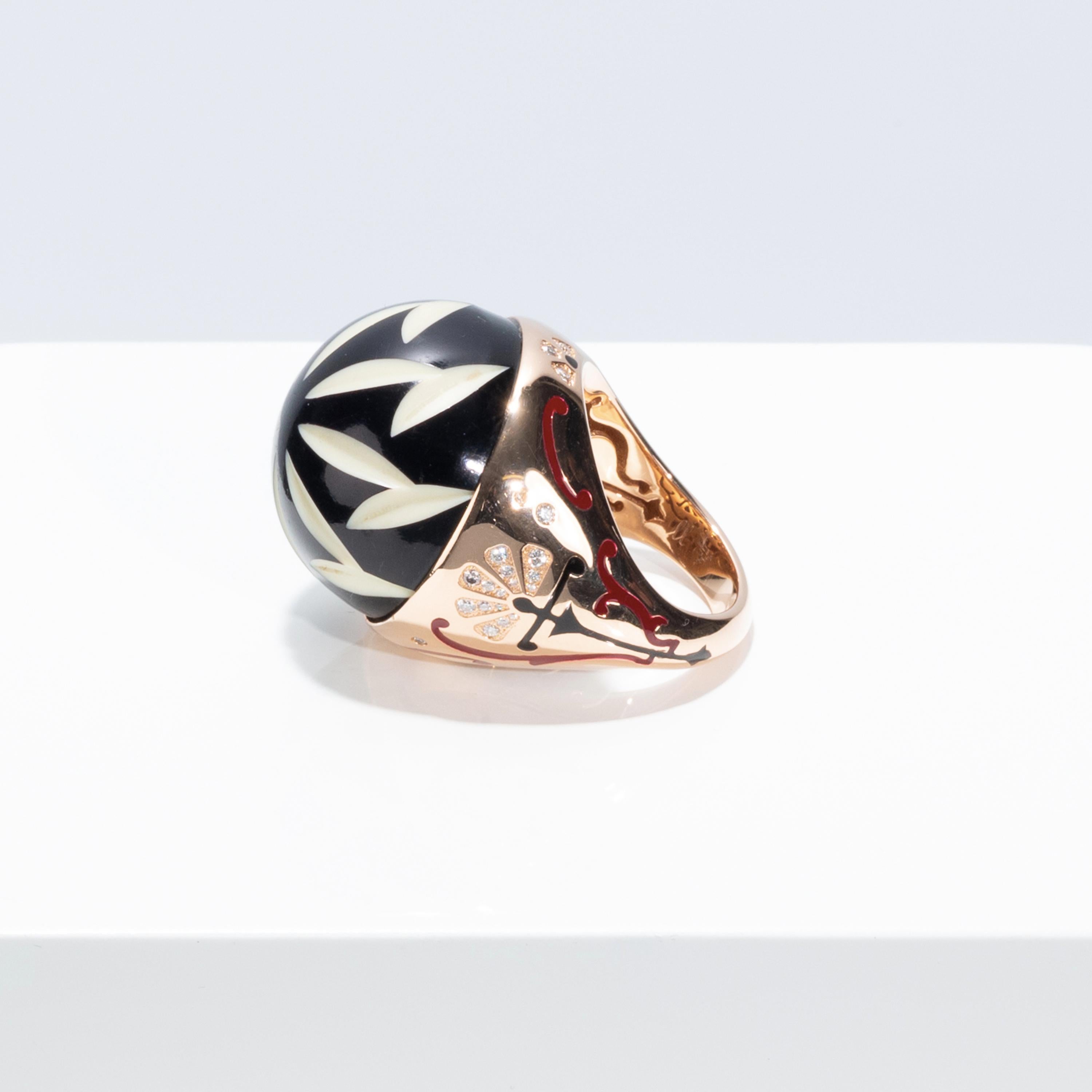 Contemporary Francesca Villa's 18k Gold Diamond Enamel Art Deco Style Black Flower Ring For Sale