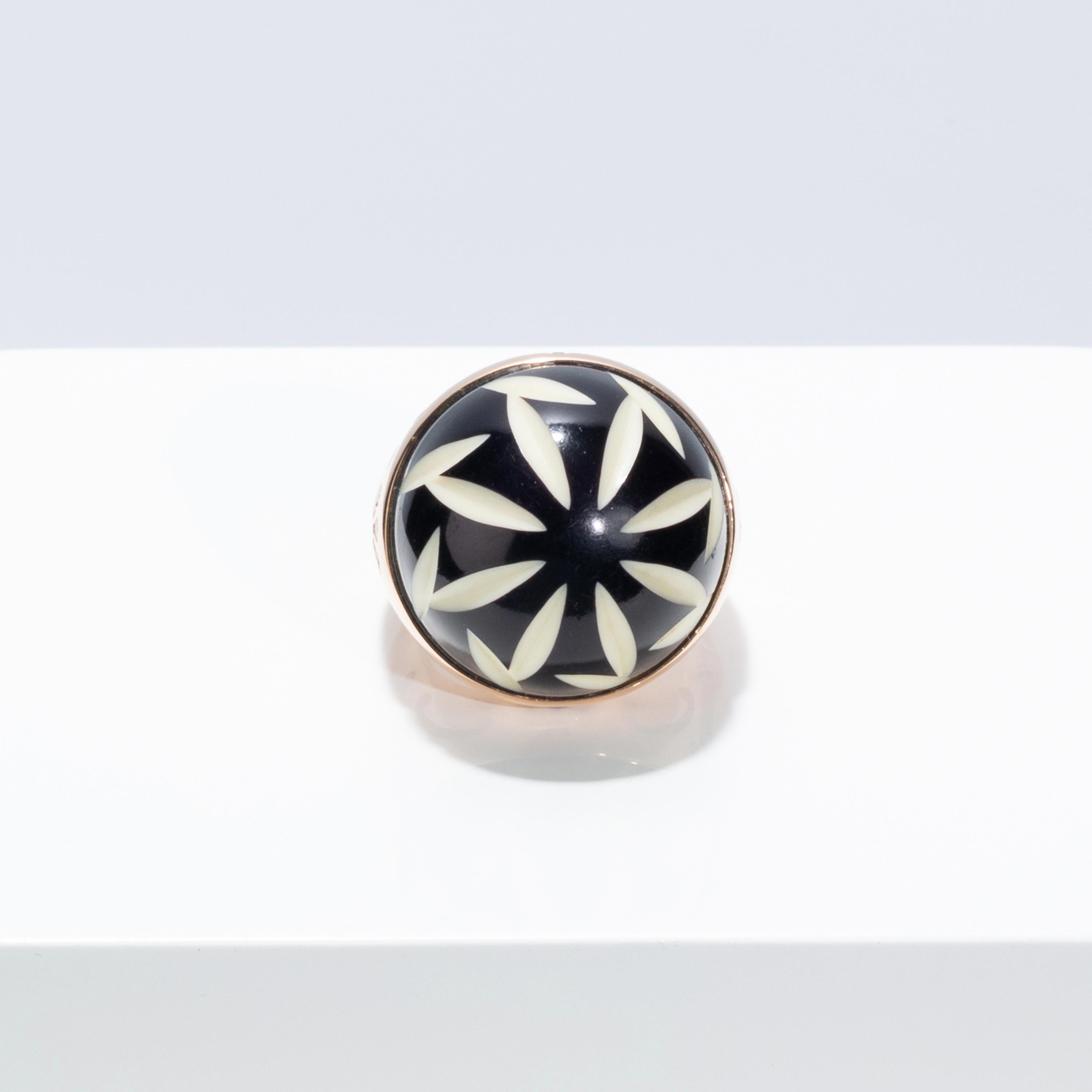 Cabochon Francesca Villa's 18k Gold Diamond Enamel Art Deco Style Black Flower Ring For Sale