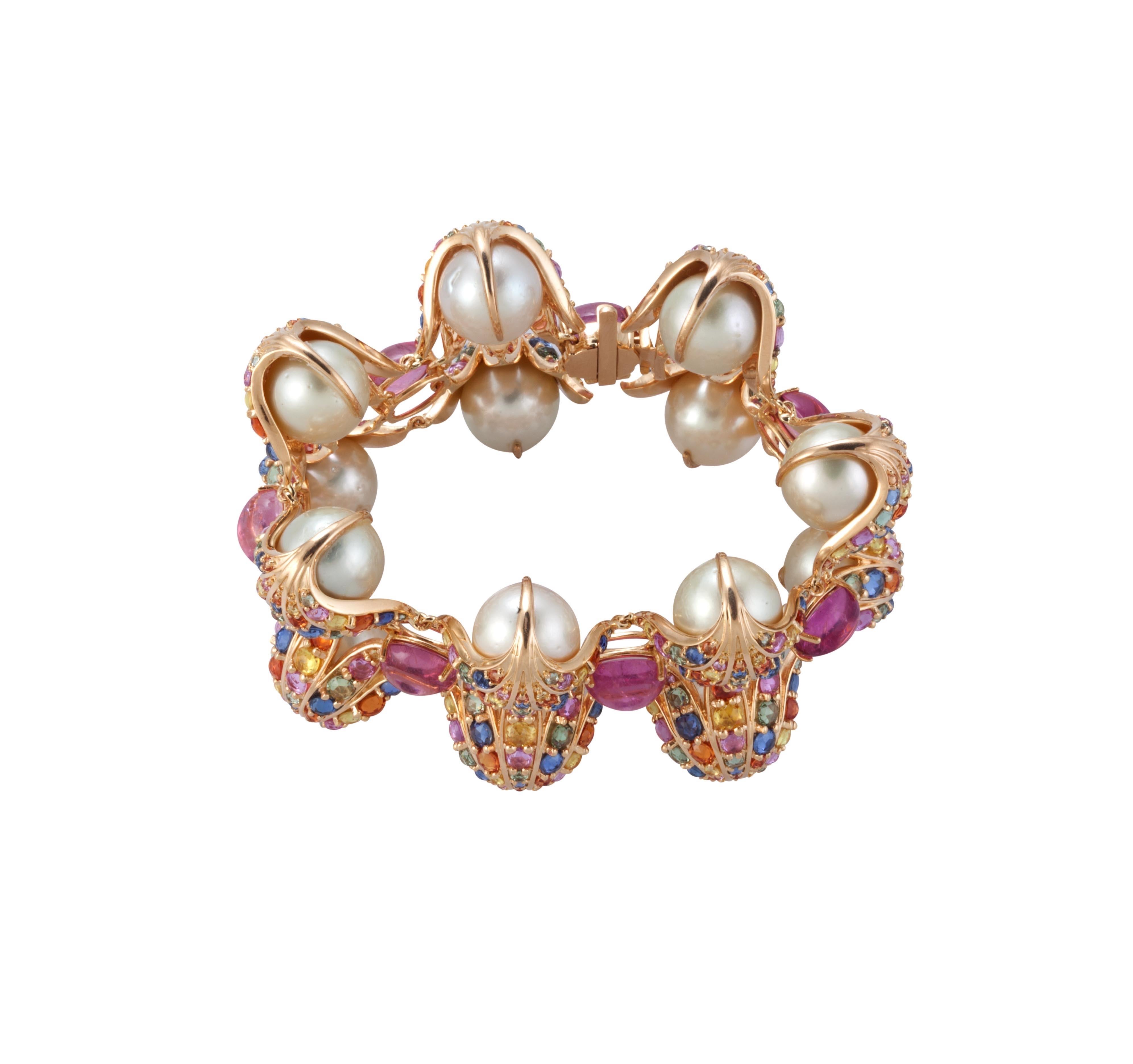 Cabochon 18 Karat Pink Gold Gloucester Cathedral Bracelet with South Sea Pearls For Sale