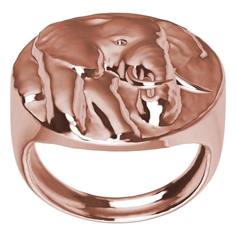 Bague chevalière en or rose 18 carats, éléphant avec défenses
