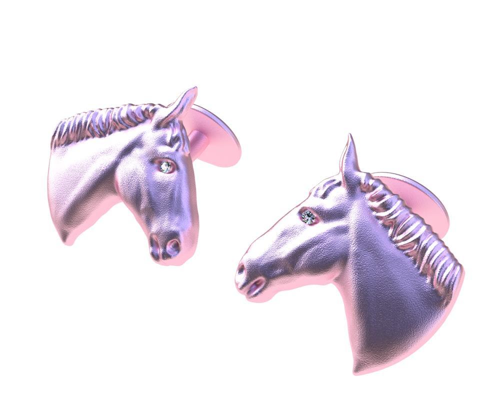 Round Cut 18 Karat Pink Gold Diamond Horse Cufflinks For Sale
