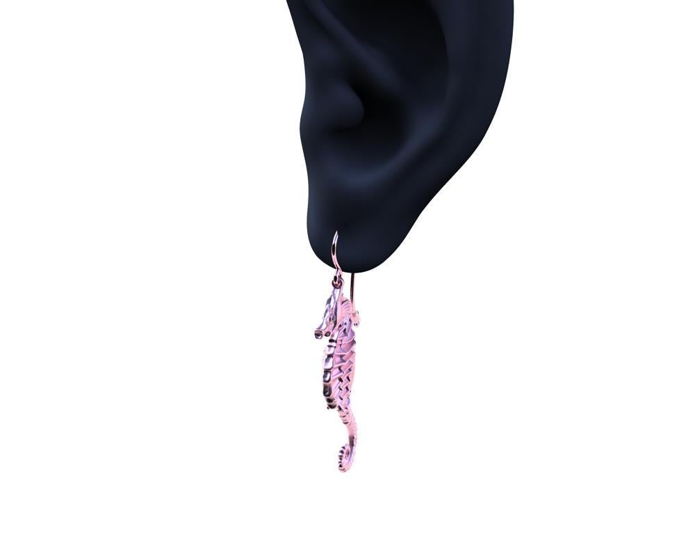 Contemporary 14 Karat Pink Gold GIA Diamond Sea Horse Earrings For Sale