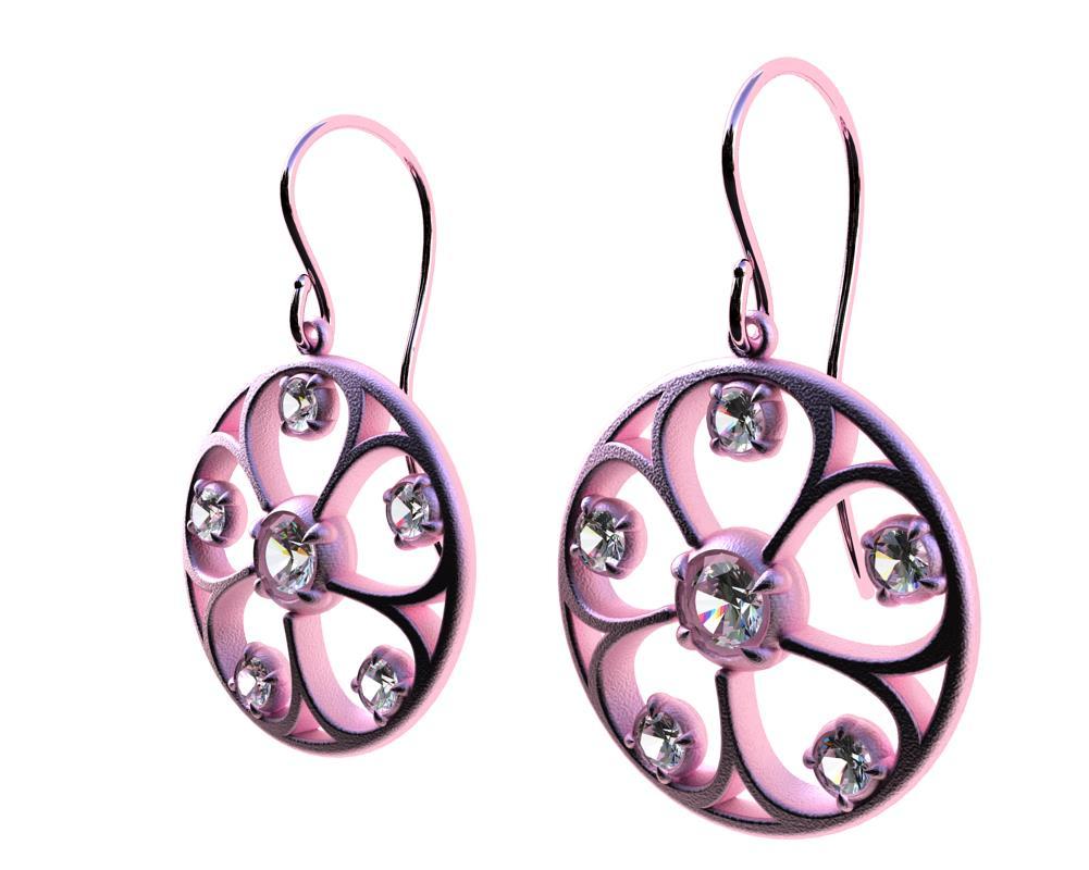 18 Karat Pink Gold GIA Diamonds 5 Petal  Flower Earrings, From an early Arabesque style coming from circles. 1.02 carats total wt. H color vs1 . Matte finished. Made to order please allow 3 weeks .