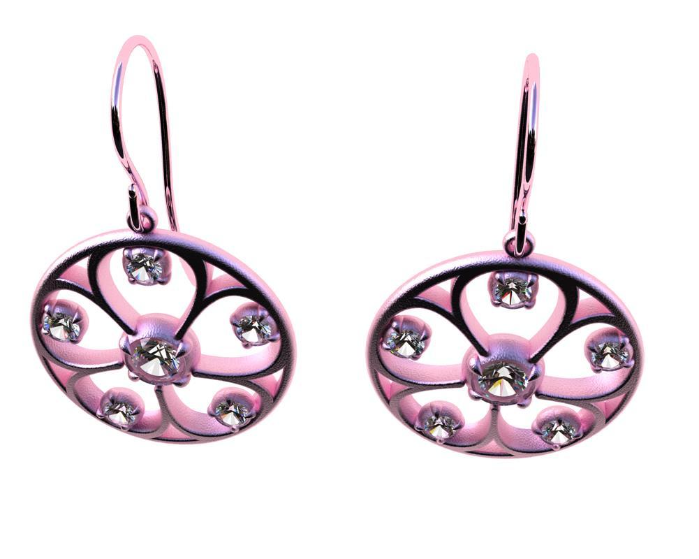 Round Cut 18 Karat Pink Gold GIA Diamonds 5 Petal Flower Earrings For Sale