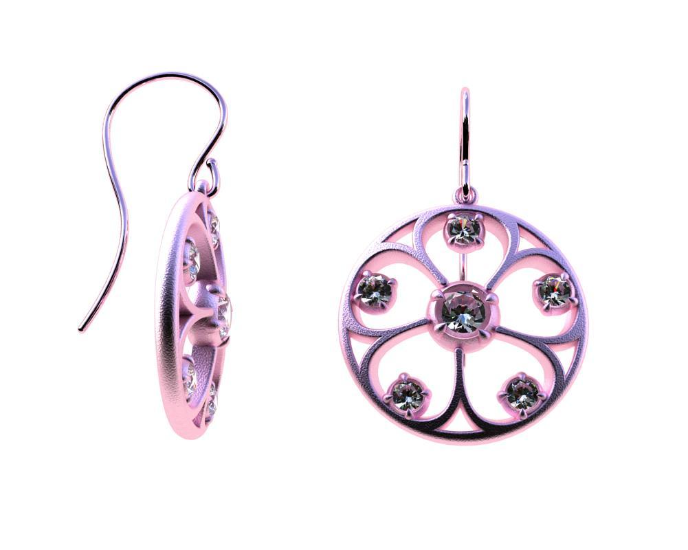 Women's or Men's 18 Karat Pink Gold GIA Diamonds 5 Petal Flower Earrings For Sale