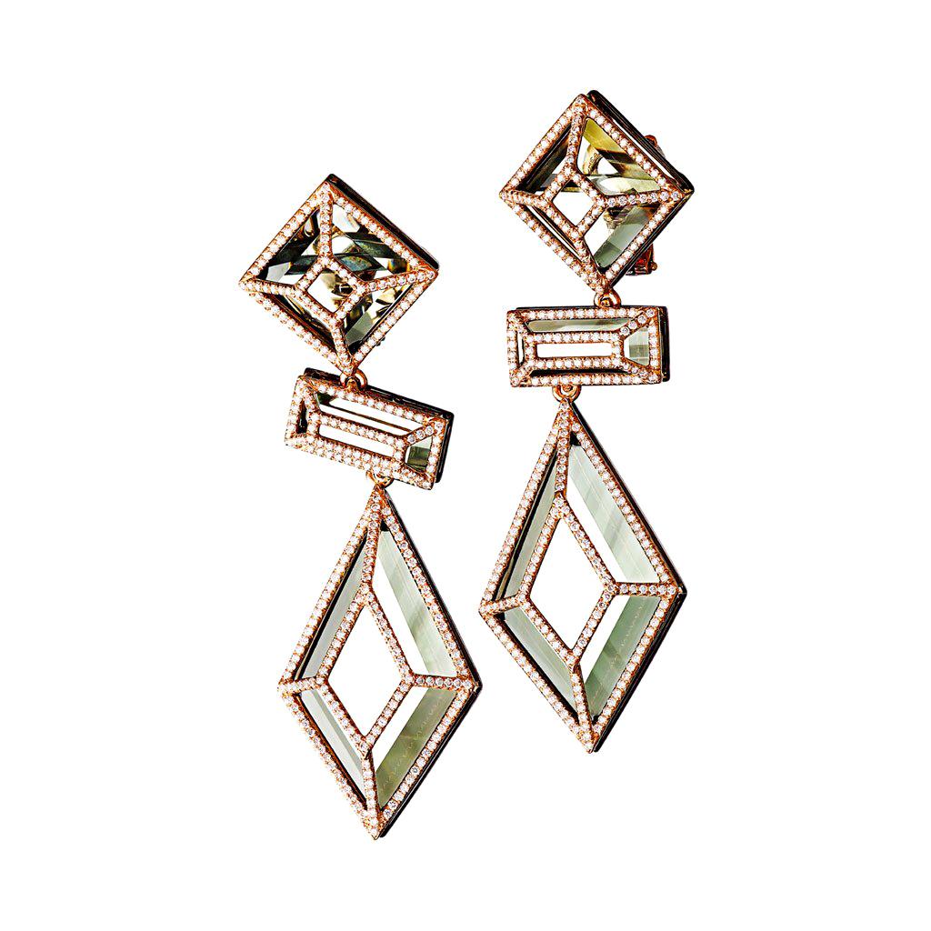 18 Karat Pink Gold Green Amethyst White Diamonds Earrings Aenea Jewellery For Sale