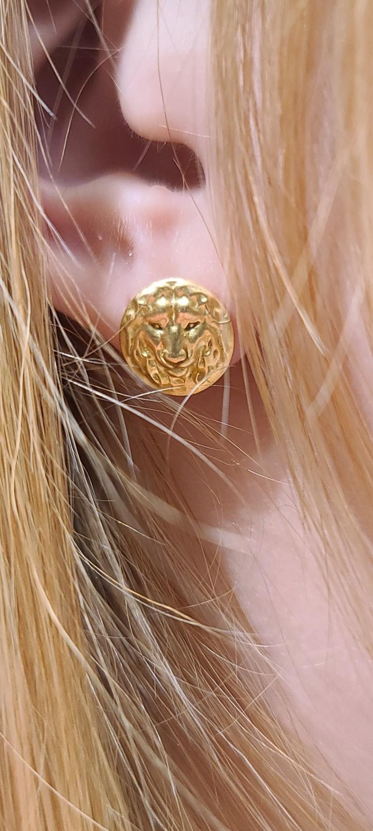 18 Karat Pink Gold Lion Pierced Earrings, The king of the jungle made especially for the ears now! Absolutely fearless.  Can you hear the roar? It's so close to your ear now , I bet you could.  Polished. 11.5 mm diameter./ or 3/8th inch  Made to