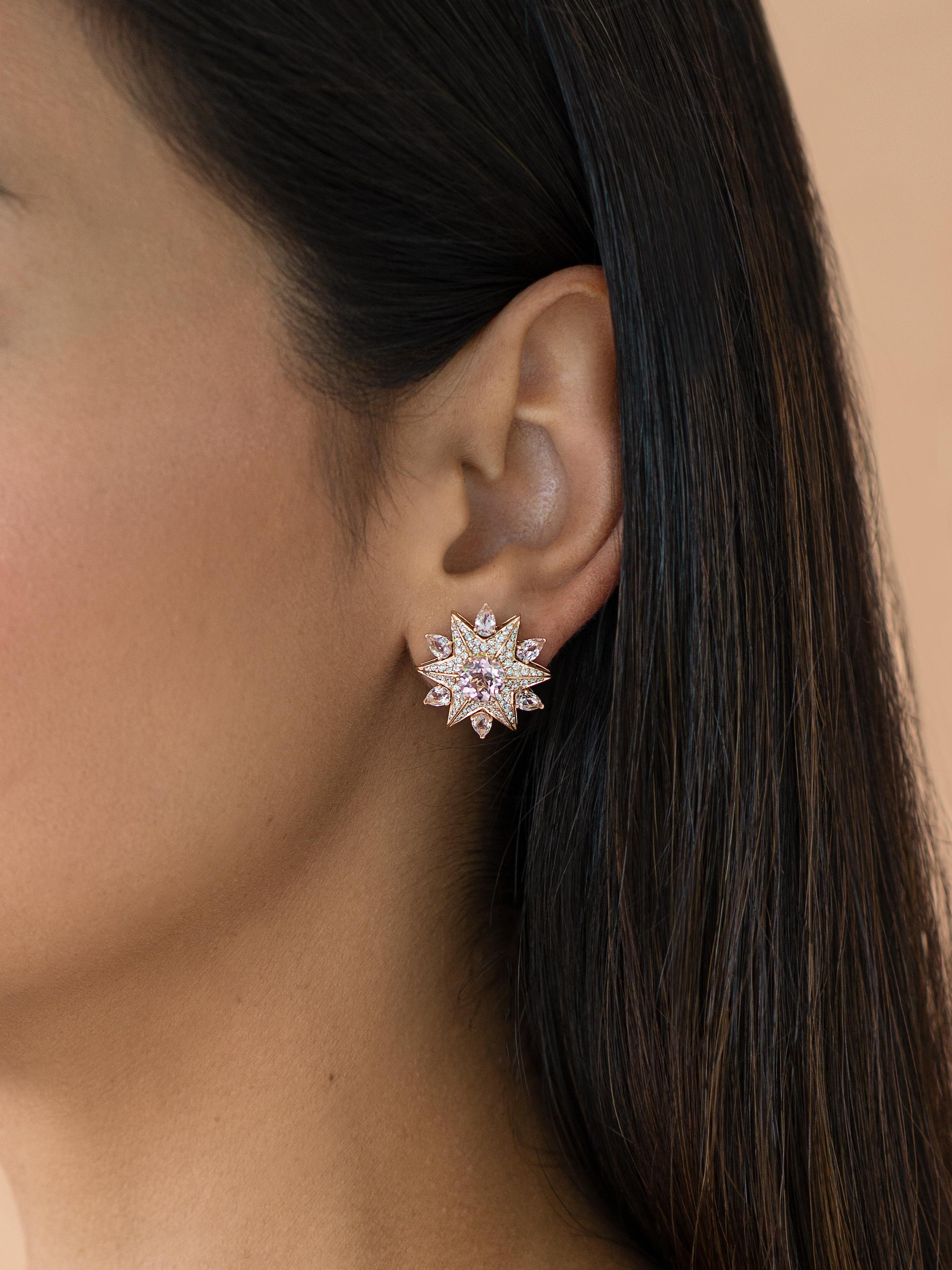 Modern 18 Karat Pink Gold Morganite Diamond Cluster Earrings For Sale