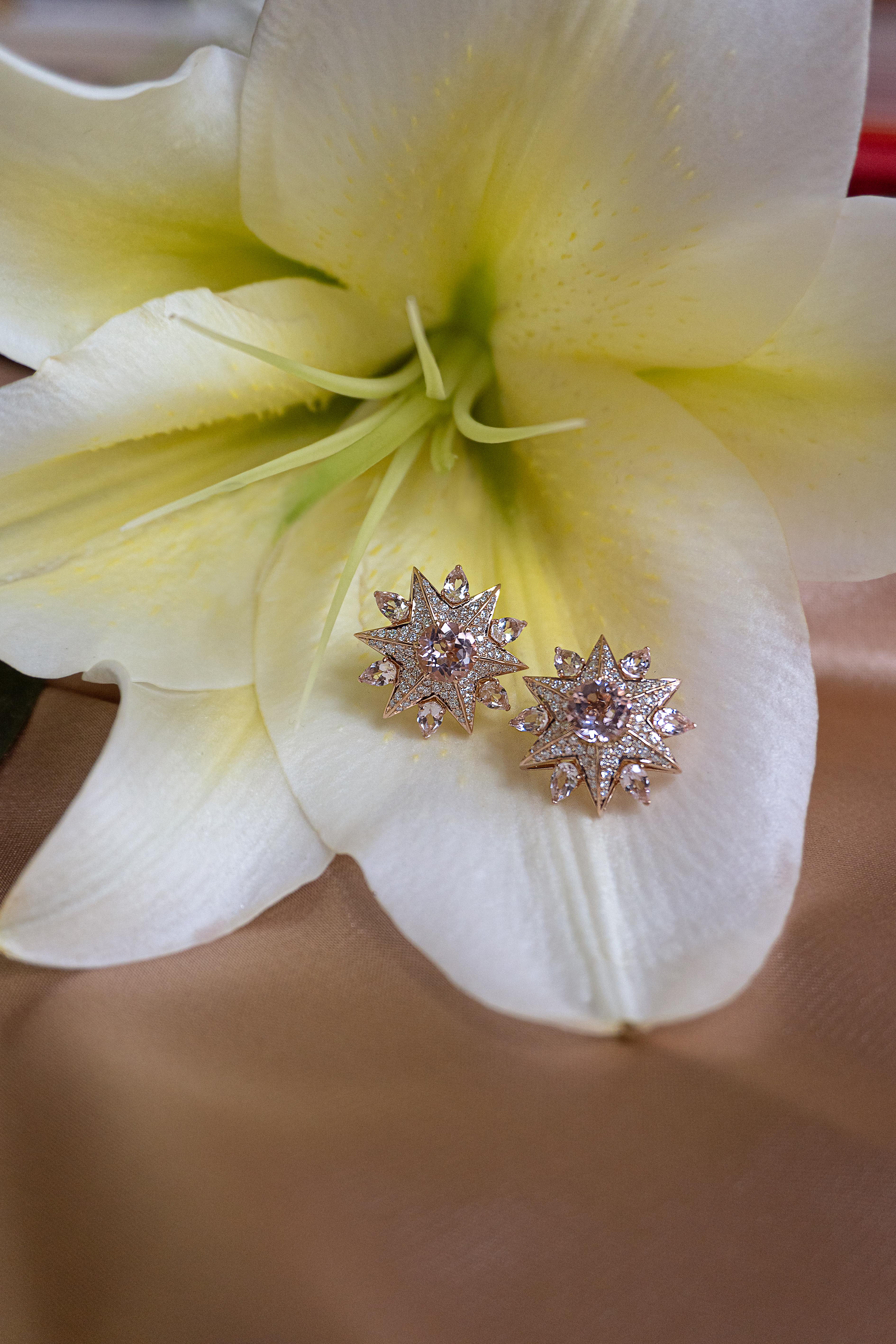 Women's 18 Karat Pink Gold Morganite Diamond Cluster Earrings For Sale