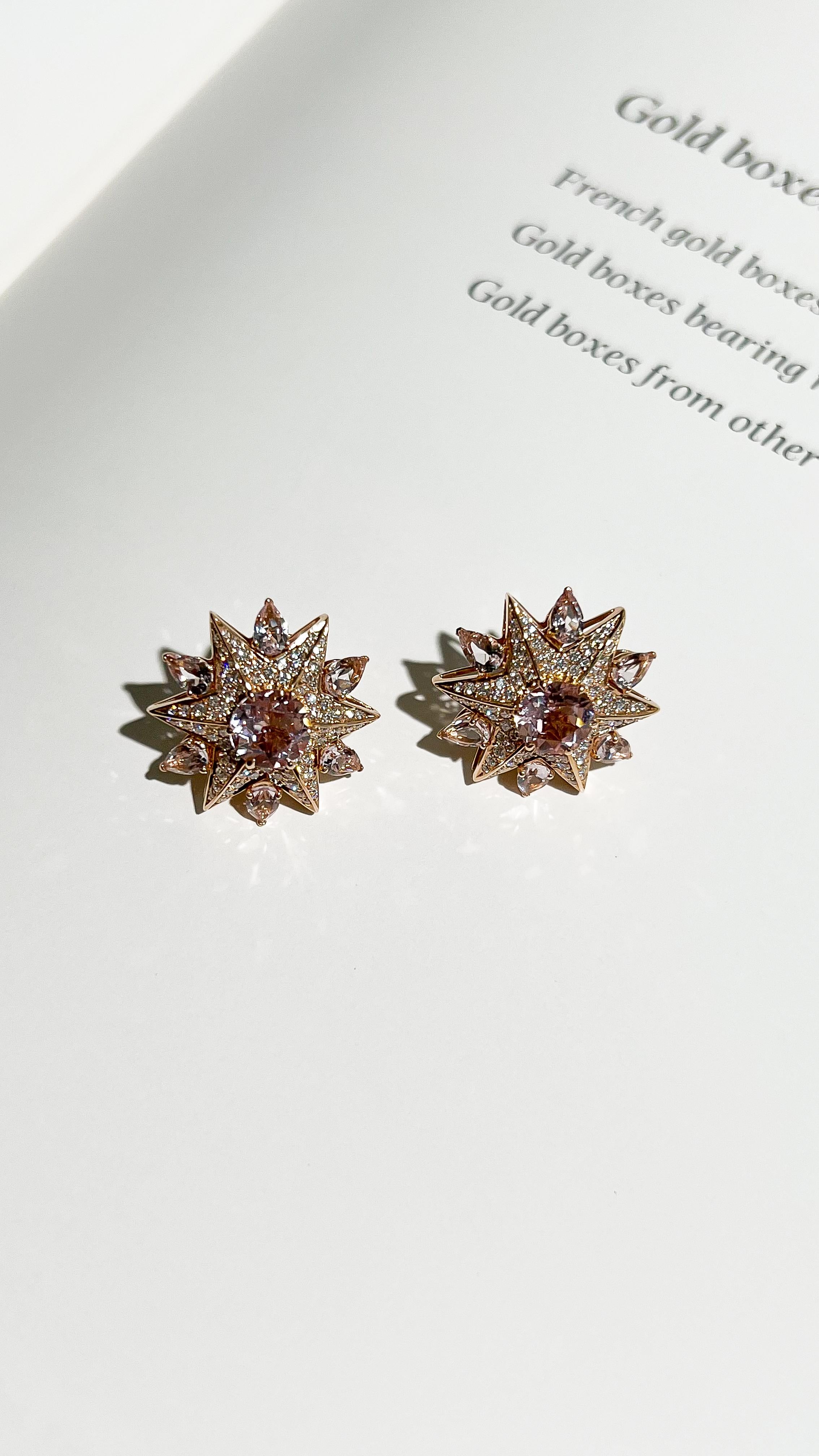 18 Karat Pink Gold Morganite Diamond Cluster Earrings For Sale 2