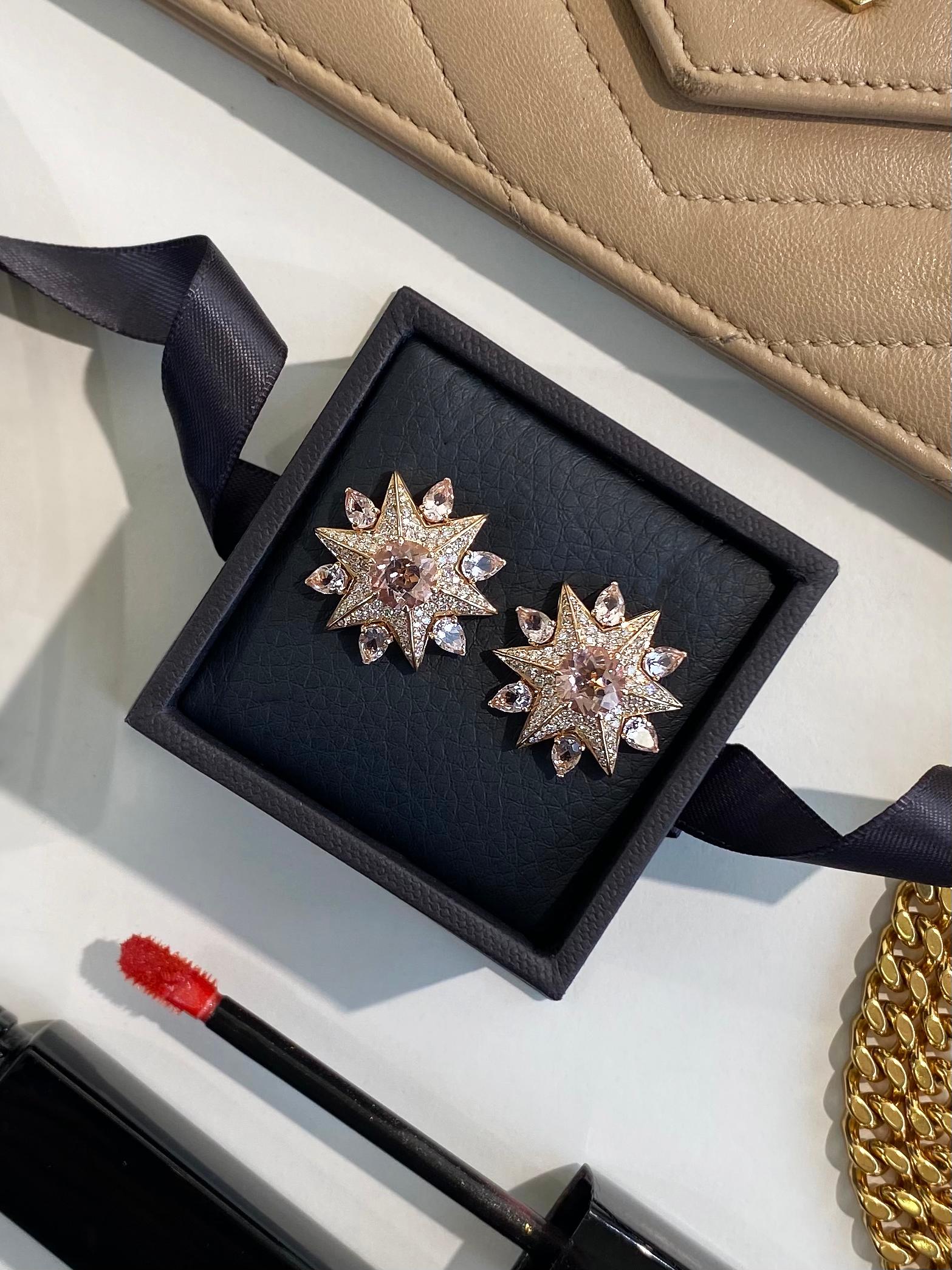 Round Cut 18 Karat Pink Gold Morganite Diamond Cluster Earrings For Sale