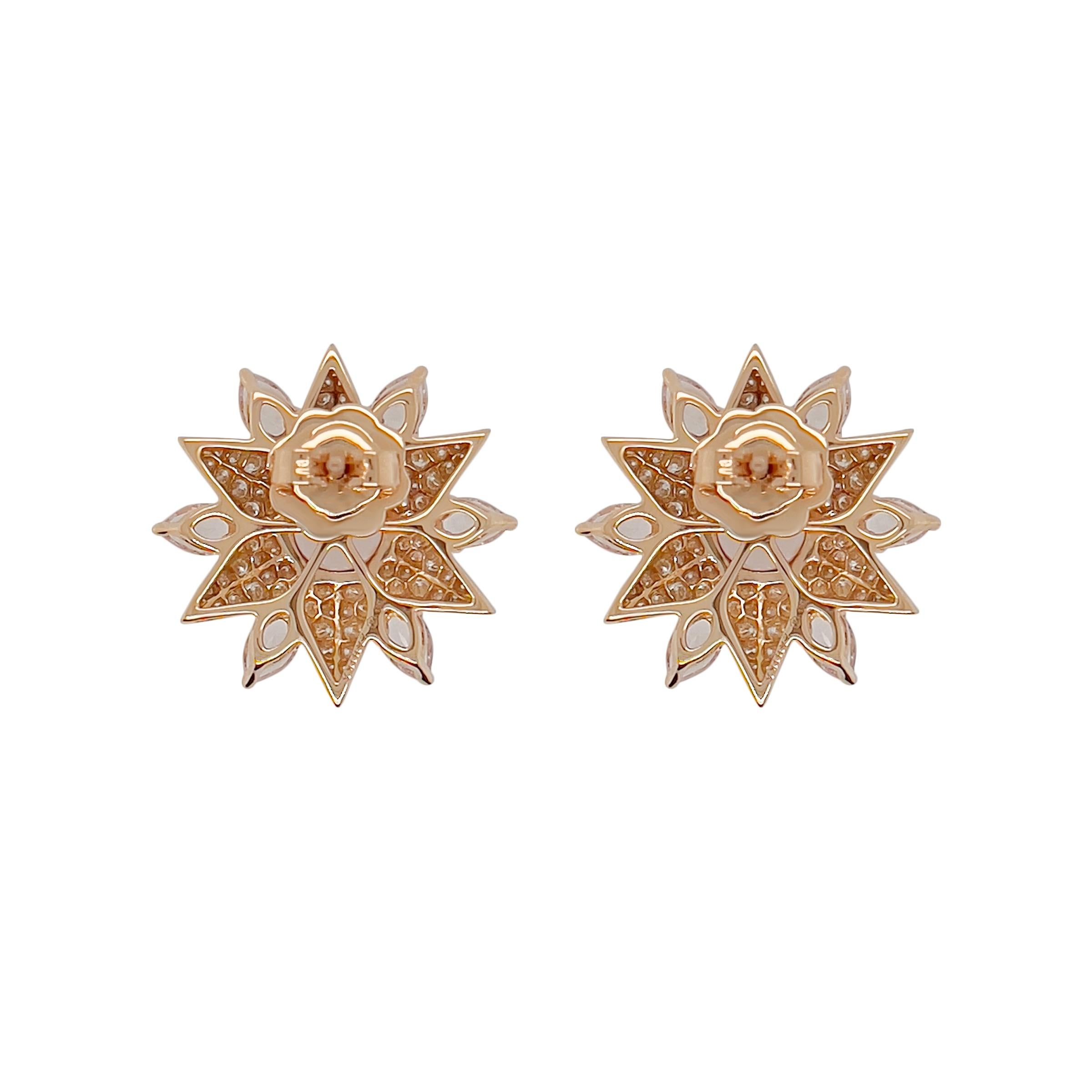 Simple and sweet elegance is the theme behind this pair of cluster earrings. A total of 4.22 carats of Morganite is surrounded by finely pave’d white vvs diamonds. Set in 18k pink gold, the earrings also display an intricate gallery on the back so