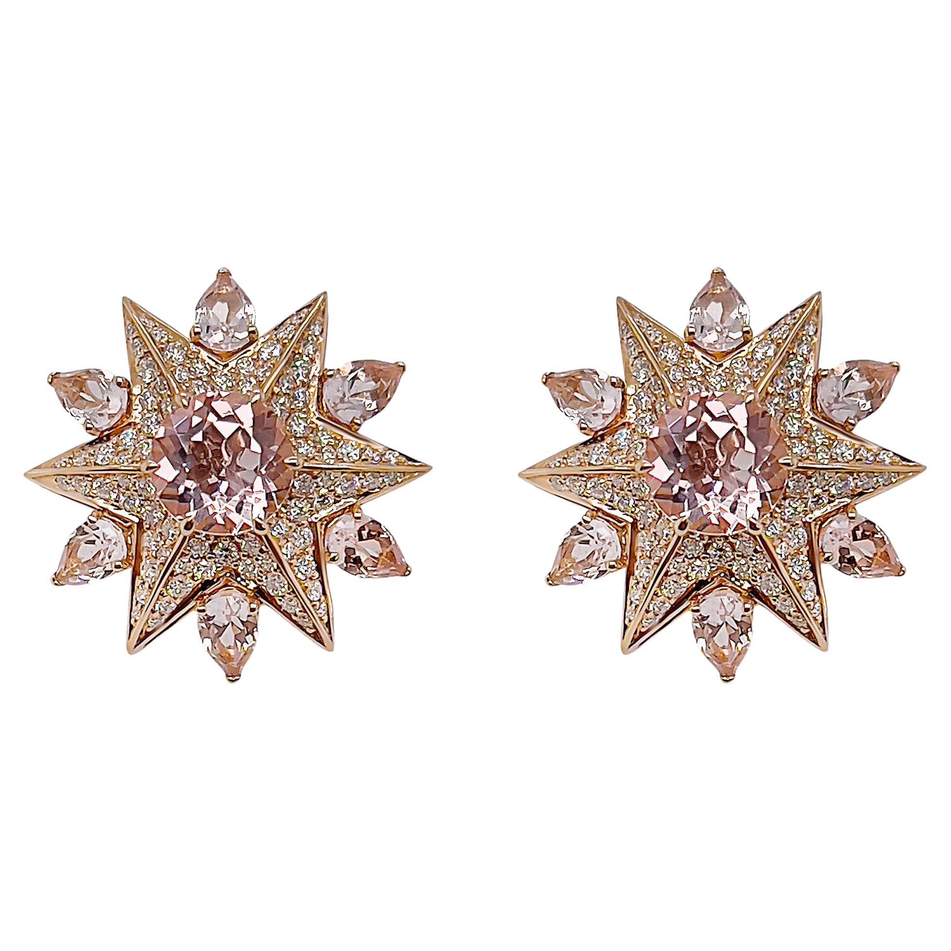 Boucles d'oreilles en or rose 18 carats avec grappe de diamants et morganite