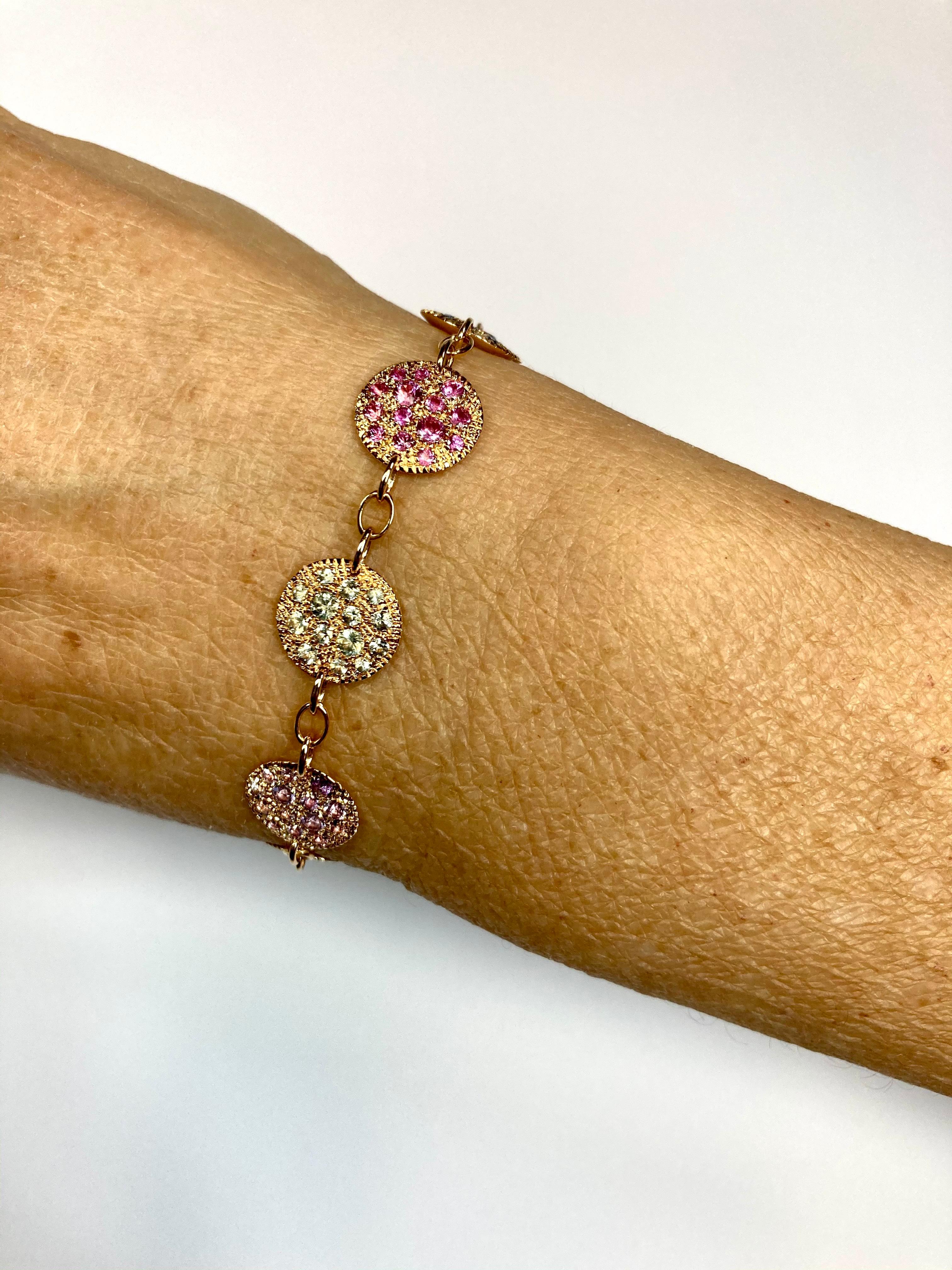 Timeless elengat Rose Gold Bracelet, with Multicolor Sapphires (Rose, Purple, Green and Blue) ct. 5,77, Made in Italy by Roberto Casarin. 

A newly developed design among our collection, this colorful bracelet blends the beauty of Sapphires with the