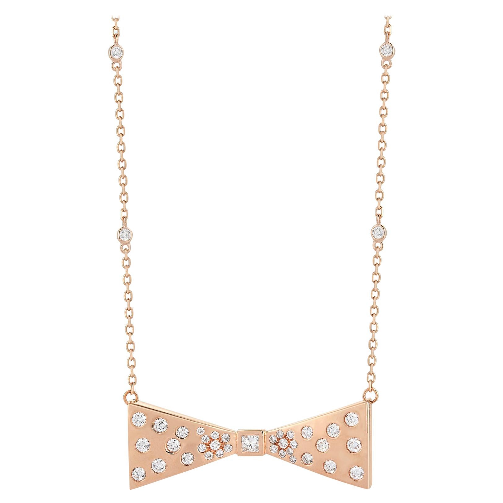 18 Karat Pink Gold Necklace with Diamond-Embellished Bow