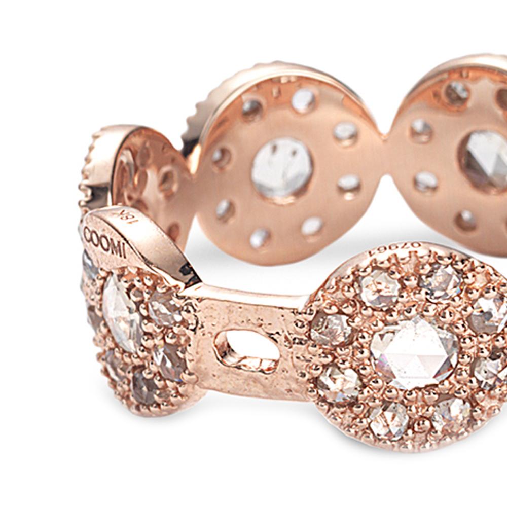 Contemporary 18 Karat Pink Gold Opera Ring with Shiny Finish and 1.18 Carat Rose-Cut Diamonds For Sale