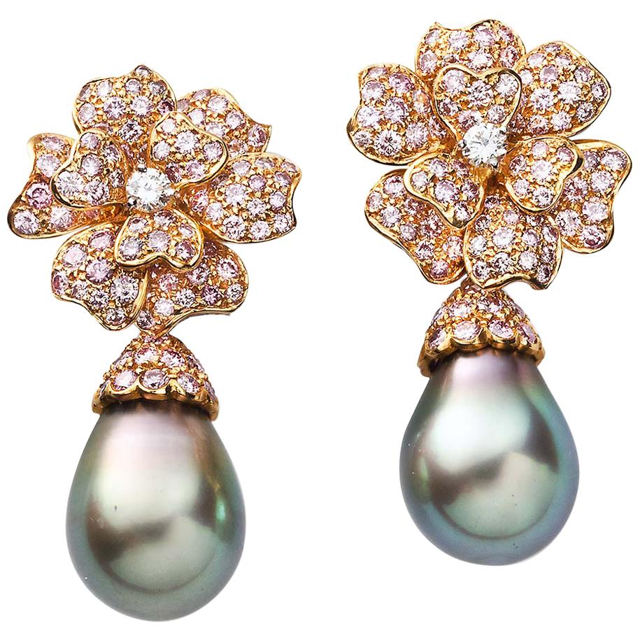 18 Karat Pink Gold Pink Diamond and Black Pearl Flower Earclips For Sale