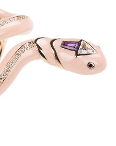 18 Karat Pink Gold Ring with Amethyst, Black Diamonds and Salmon Pink Enamel