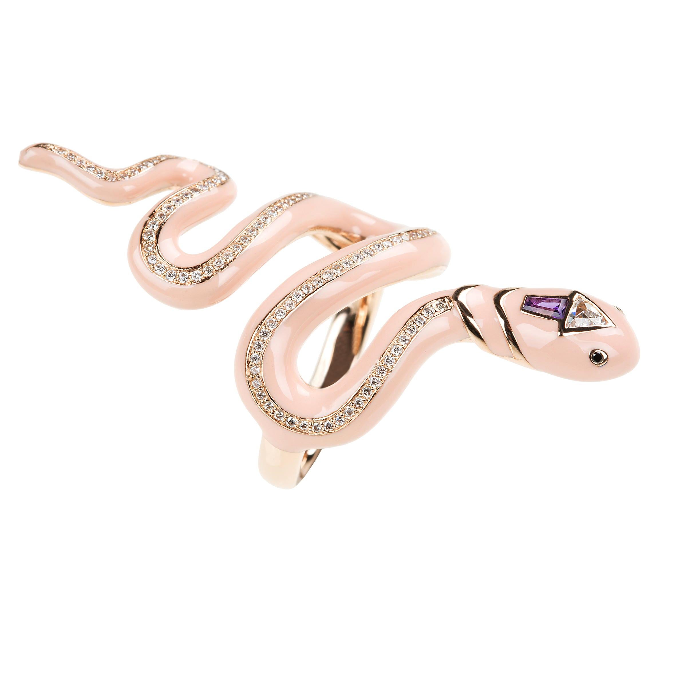 18 Karat Pink Gold Ring with Amethyst, Black Diamonds and Salmon Pink Enamel For Sale