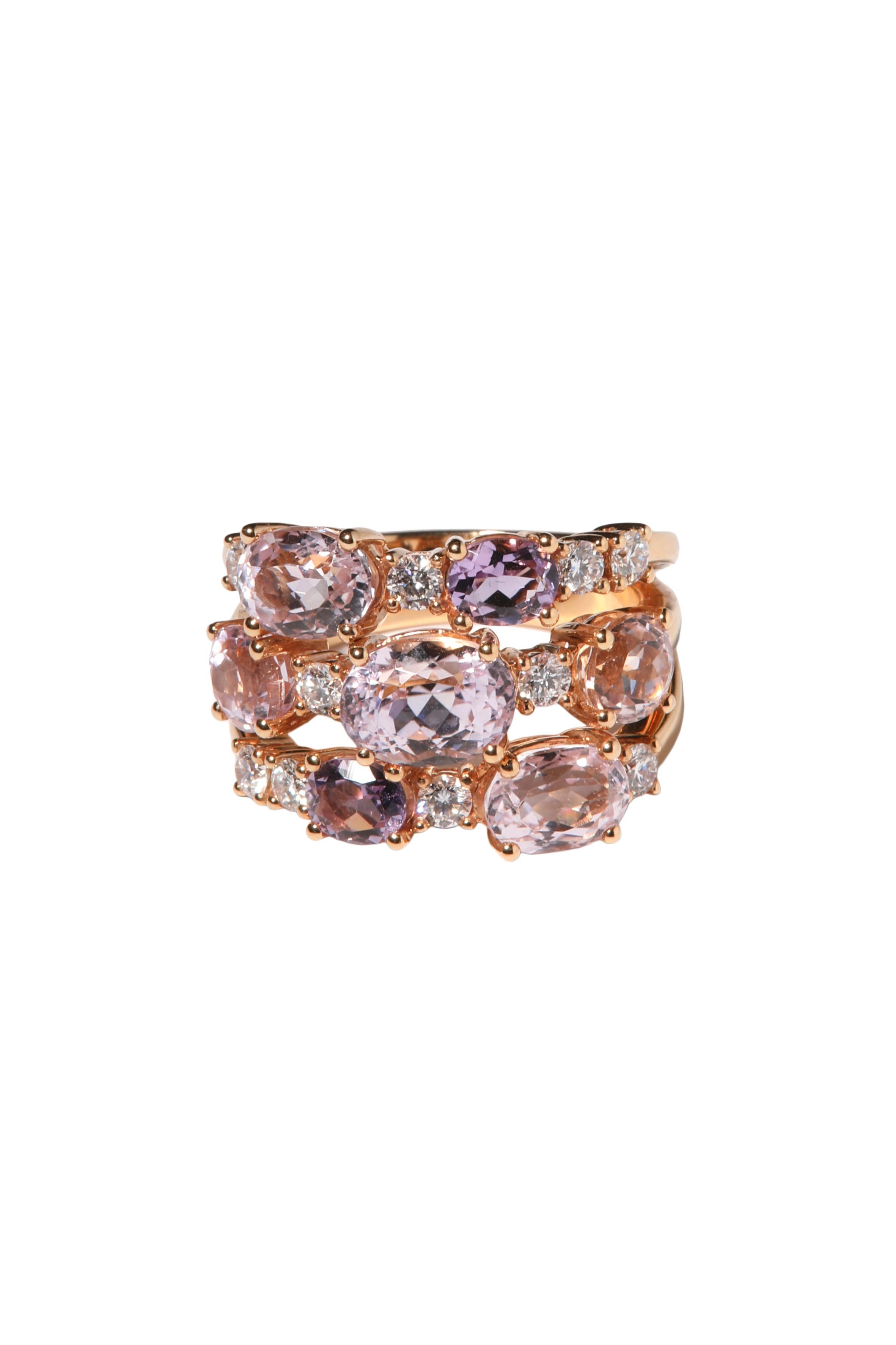 Oval Cut 18 Karat Pink Gold Ring with Amethyst, Kunzite and Diamonds