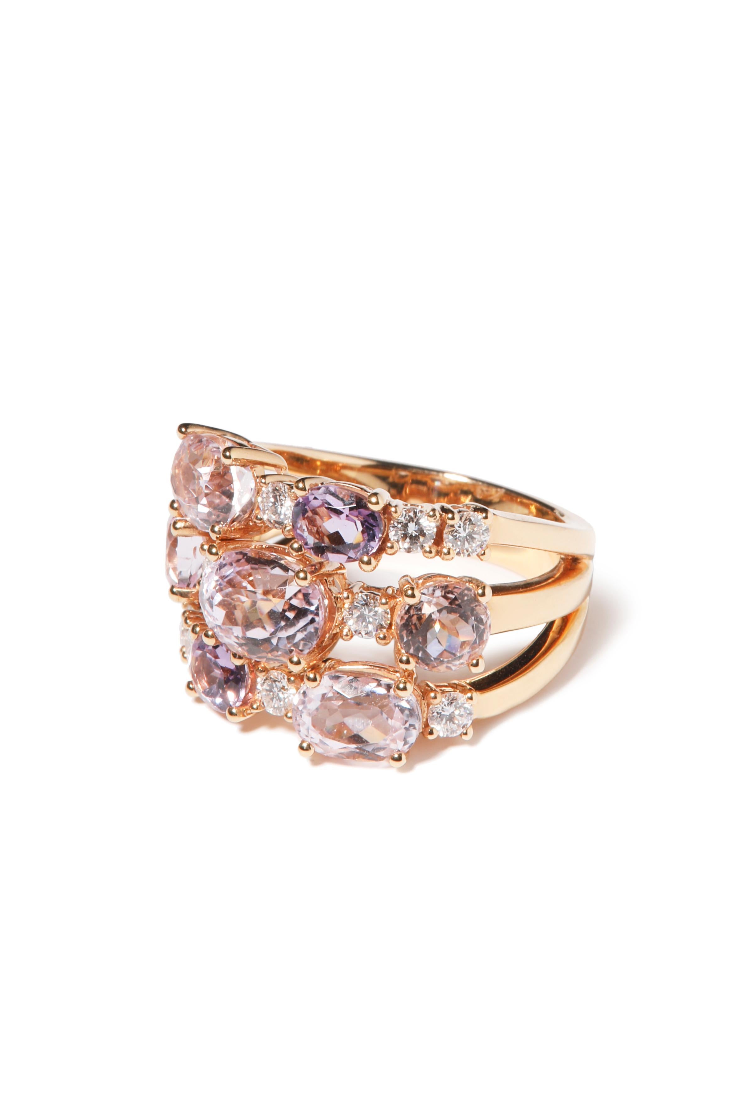 18 Karat Pink Gold Ring with Amethyst, Kunzite and Diamonds In New Condition In Amsterdam, NL