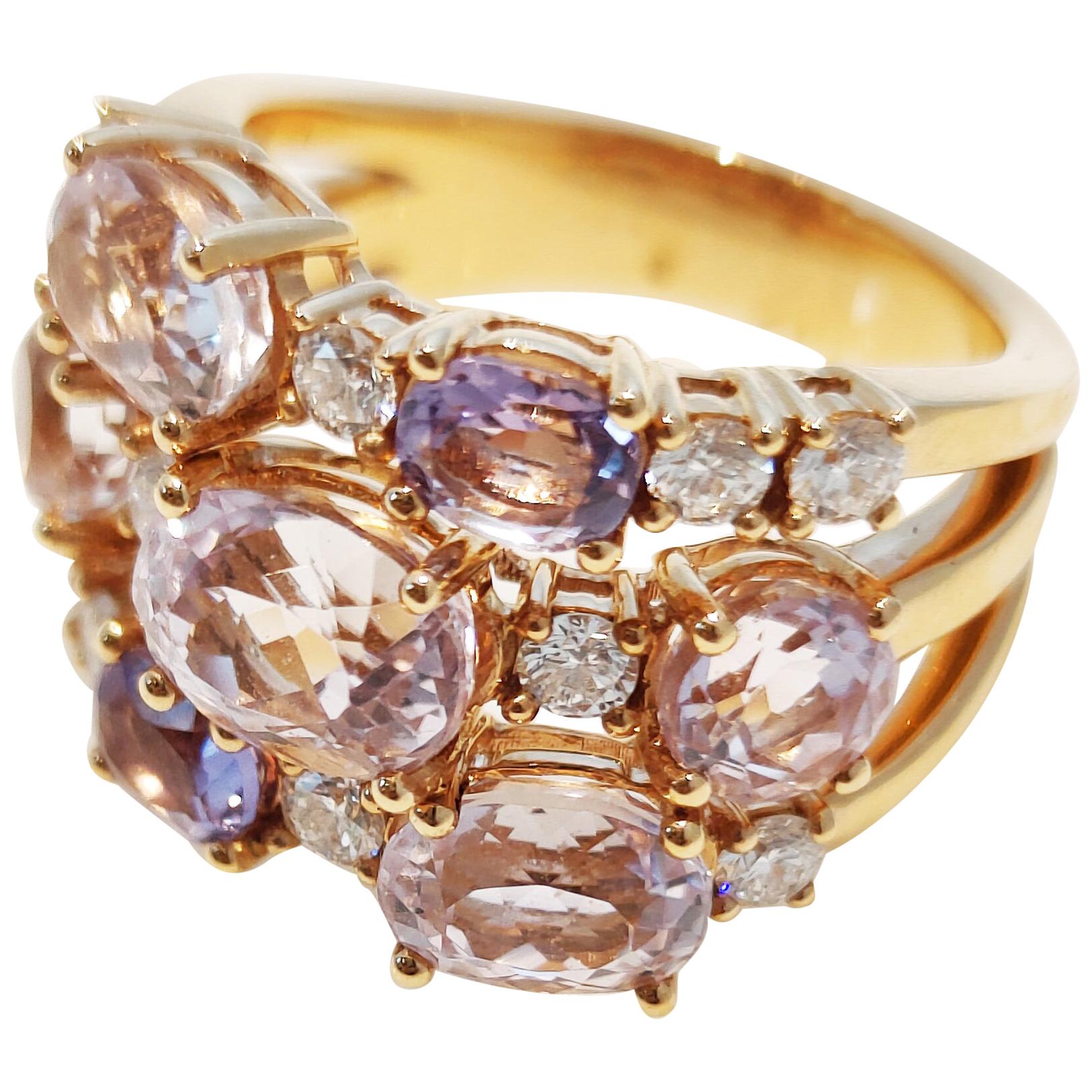 18 Karat Pink Gold Ring with Amethyst, Kunzite and Diamonds