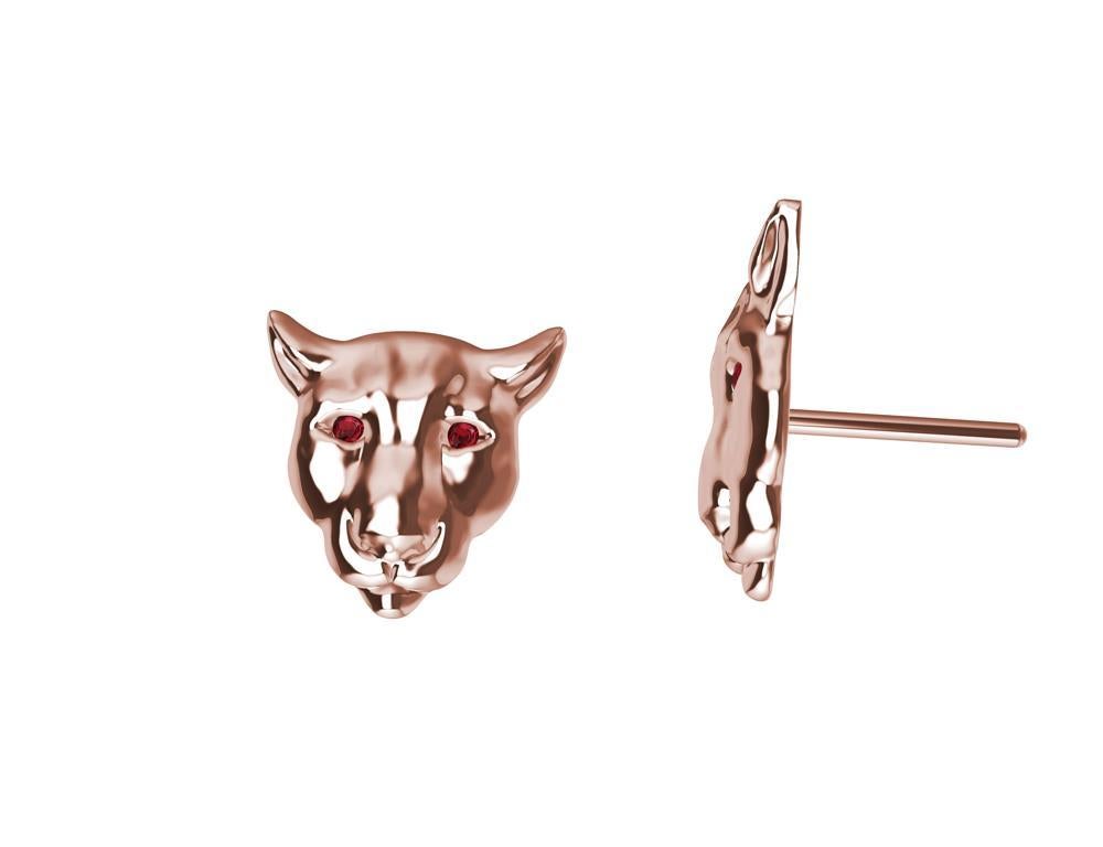 Contemporain Clous d'oreilles Colorado Cougar en or rose 18 carats avec yeux en rubis en vente